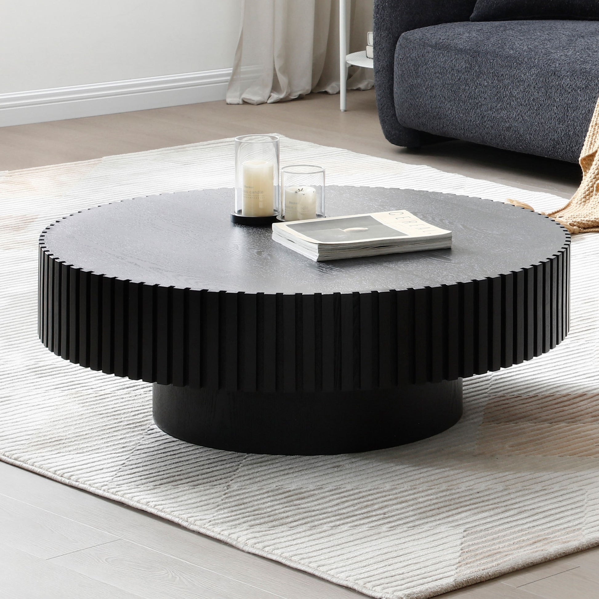 Black Mdf Coffee Table 39.37Inch Modern Handcraft Drum Coffee Table Round Wood Coffee Table For Living Room, Apartment Matt Black Primary Living Space Modern Mdf