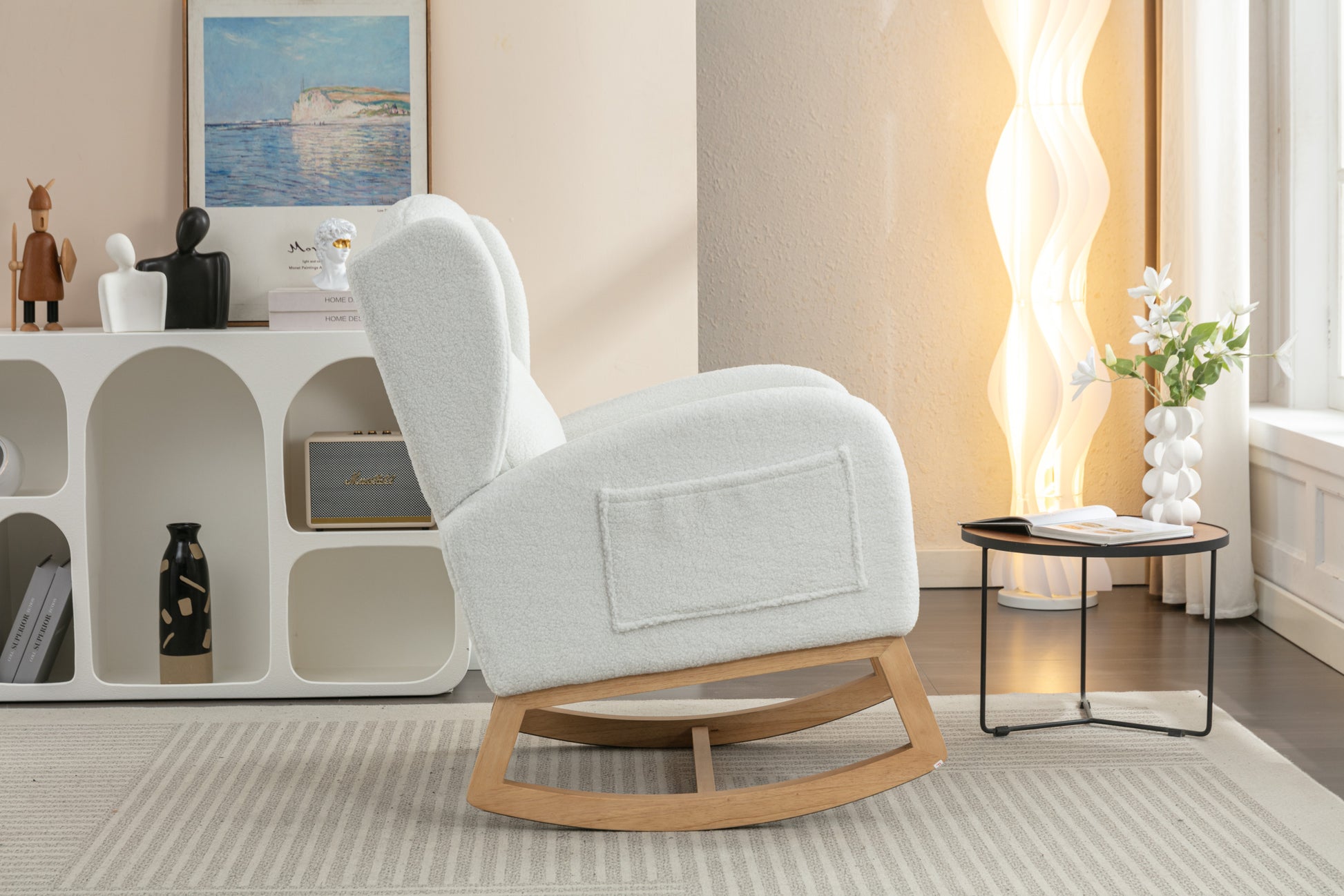 049 Teddy Fabric Rocking Chair With Packet Wood Legs,Ivory Wood Solid Ivory Primary Living Space Foam Wipe Clean Modern Rocking Chairs Eucalyptus Tufted Back Foam Teddy