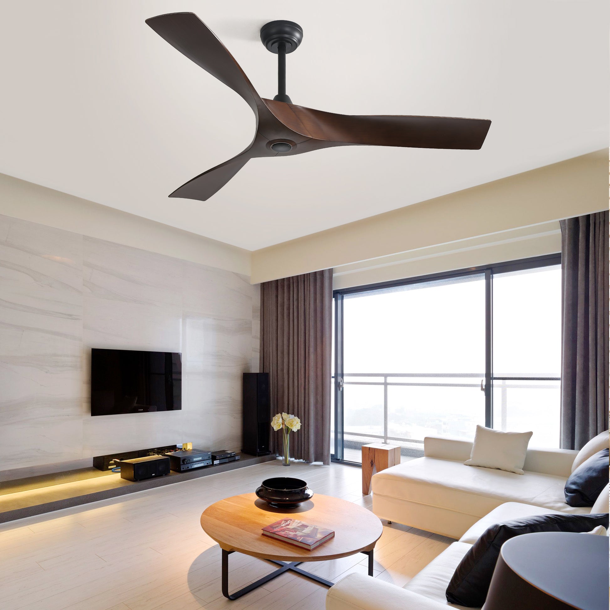 52 Inch Ceiling Fan Without Light, 3 Abs Blades Outdoor Ceiling Fan 6 Speed Reversible Dc Motor For Living Room, Bedroom Black Abs