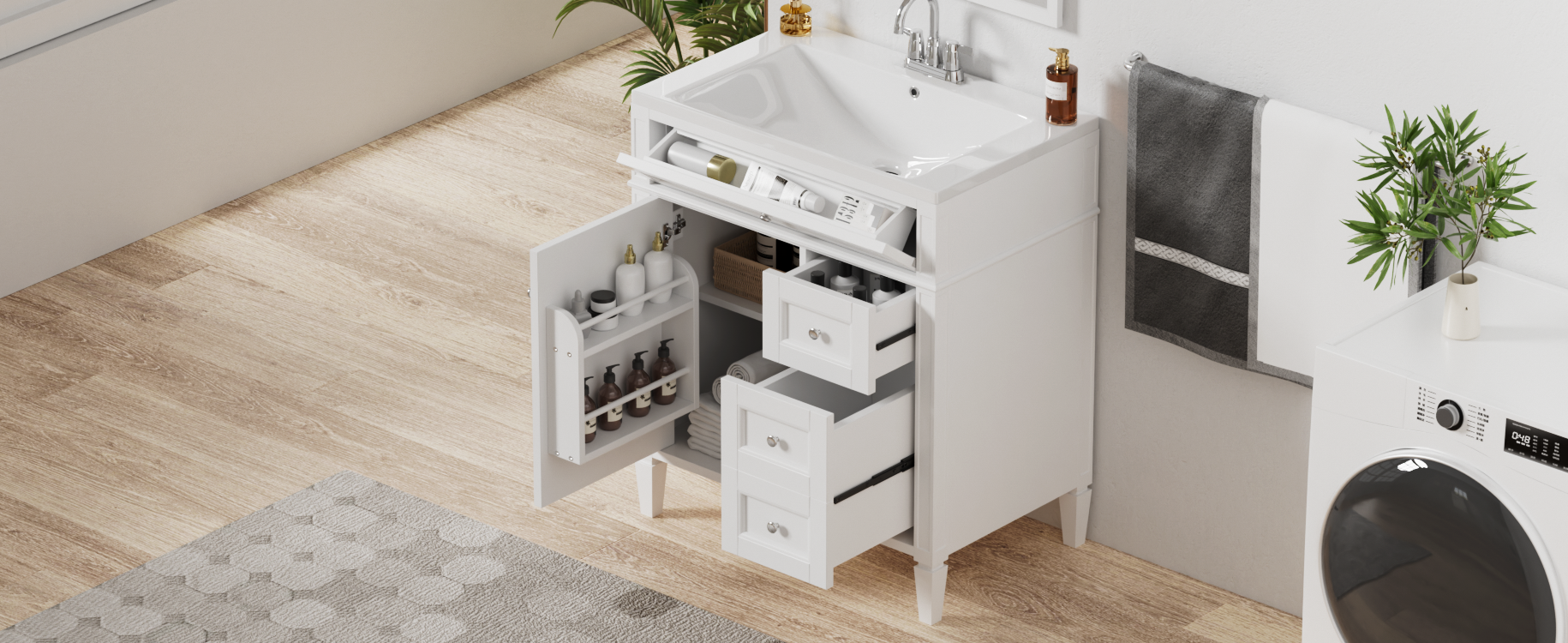 30'' Bathroom Vanity With Top Sink, Modern Bathroom Storage Cabinet With 2 Drawers And A Tip Out Drawer, Single Sink Bathroom Vanity 3 White 1 2 Adjustable Shelves Bathroom Freestanding Solid Wood Mdf Painted