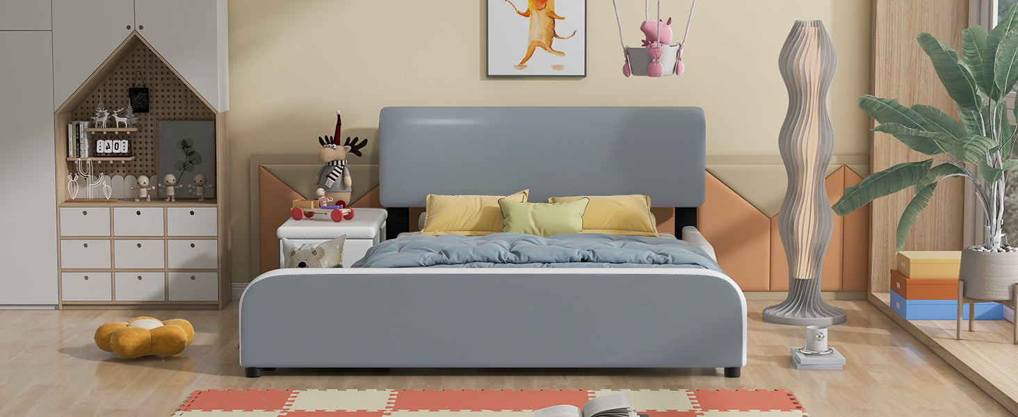Full Size Upholstered Platform Bed With Storage Nightstand And Guardrail, Gray Box Spring Not Required Full Gray Wood Bedroom Upholstered