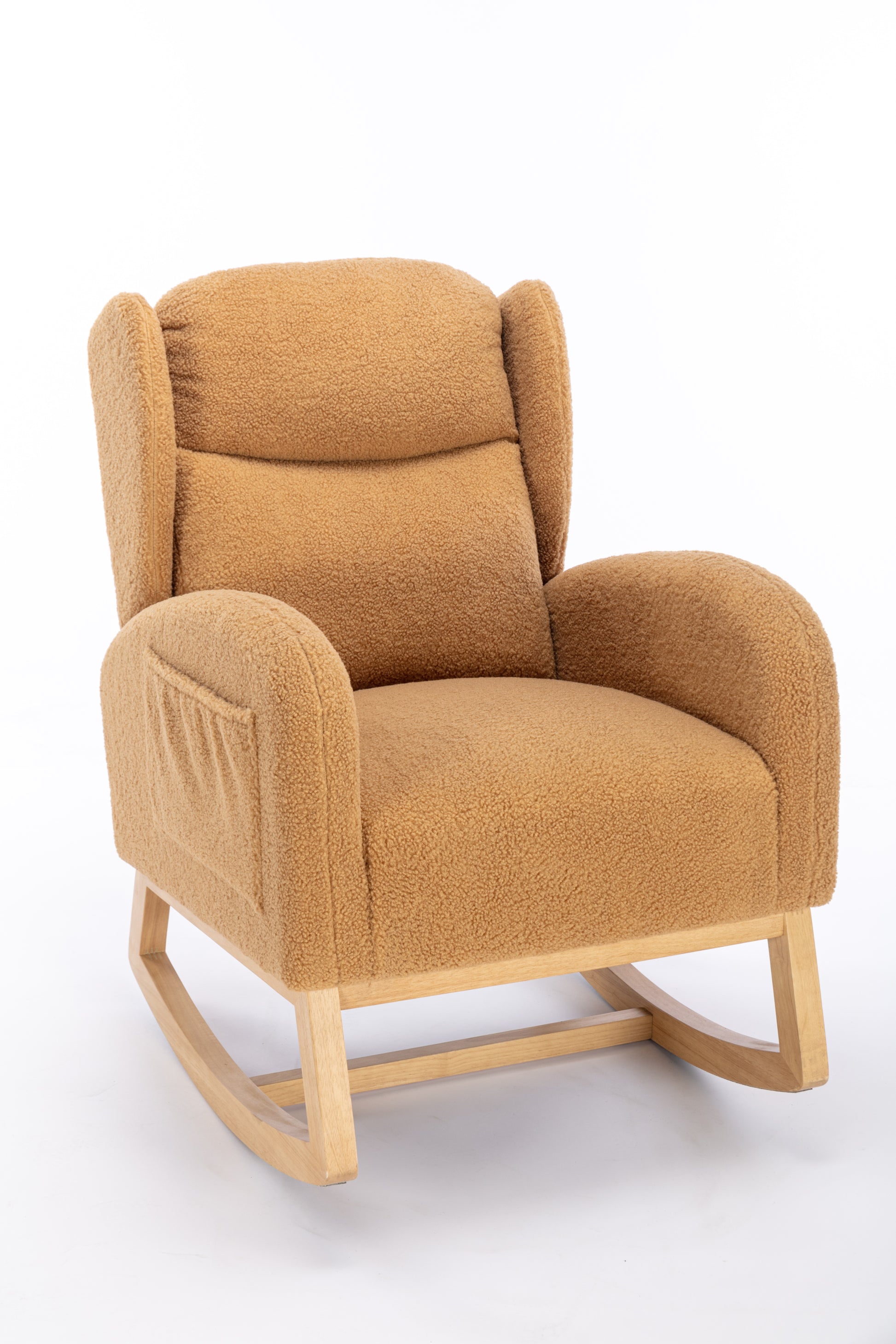 049 Teddy Fabric Rocking Chair With Packet Wood Legs,Khaki Wood Solid Khaki Primary Living Space Foam Wipe Clean Modern Rocking Chairs Eucalyptus Tufted Back Foam Teddy
