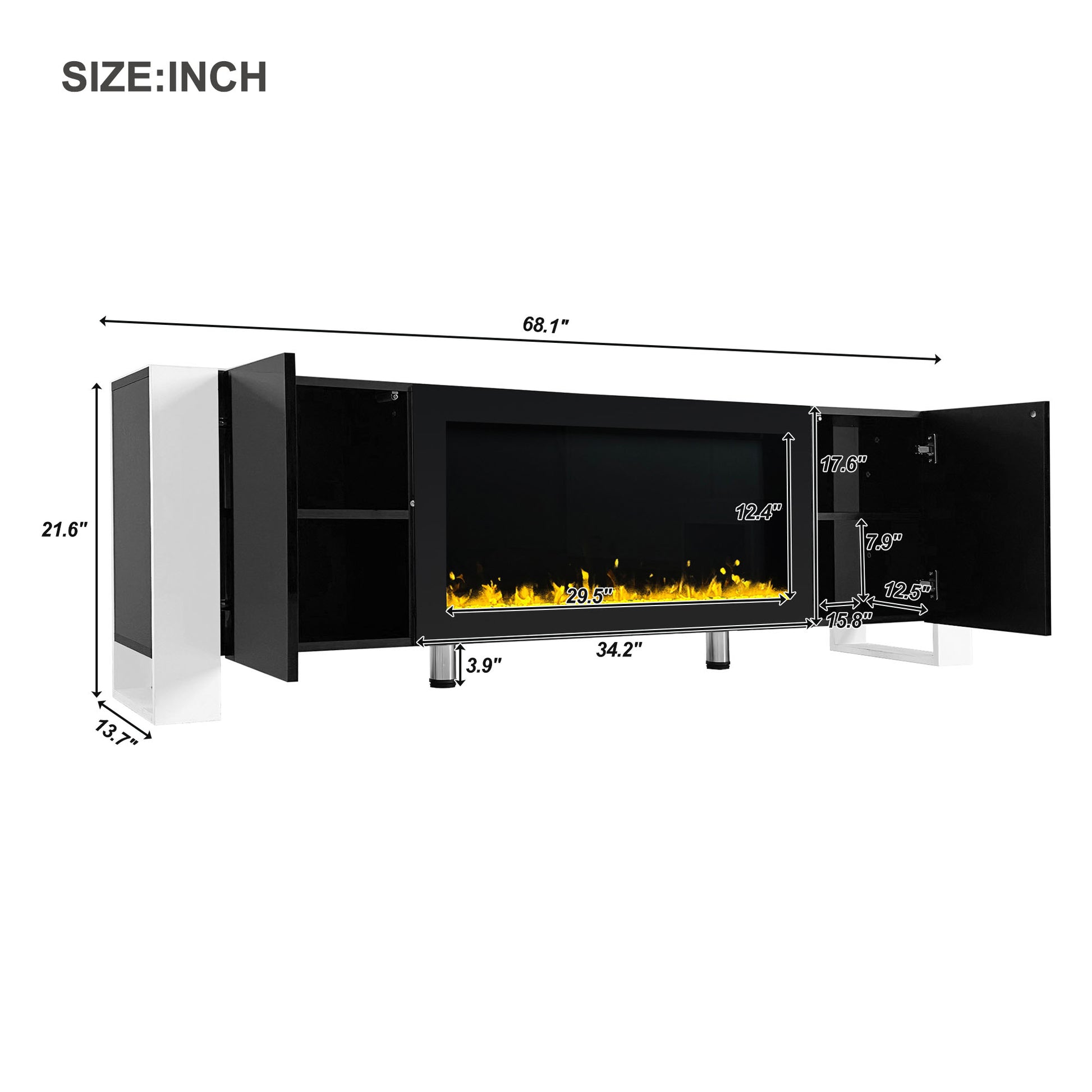 Modern Tv Stand With 34.2" Non Heating Electric Fireplace, High Gloss Entertainment Center With 2 Cabinets, Media Console For Tvs Up To 78", Black Black Primary Living Space 70 79 Inches 70 79 Inches Modern Mdf