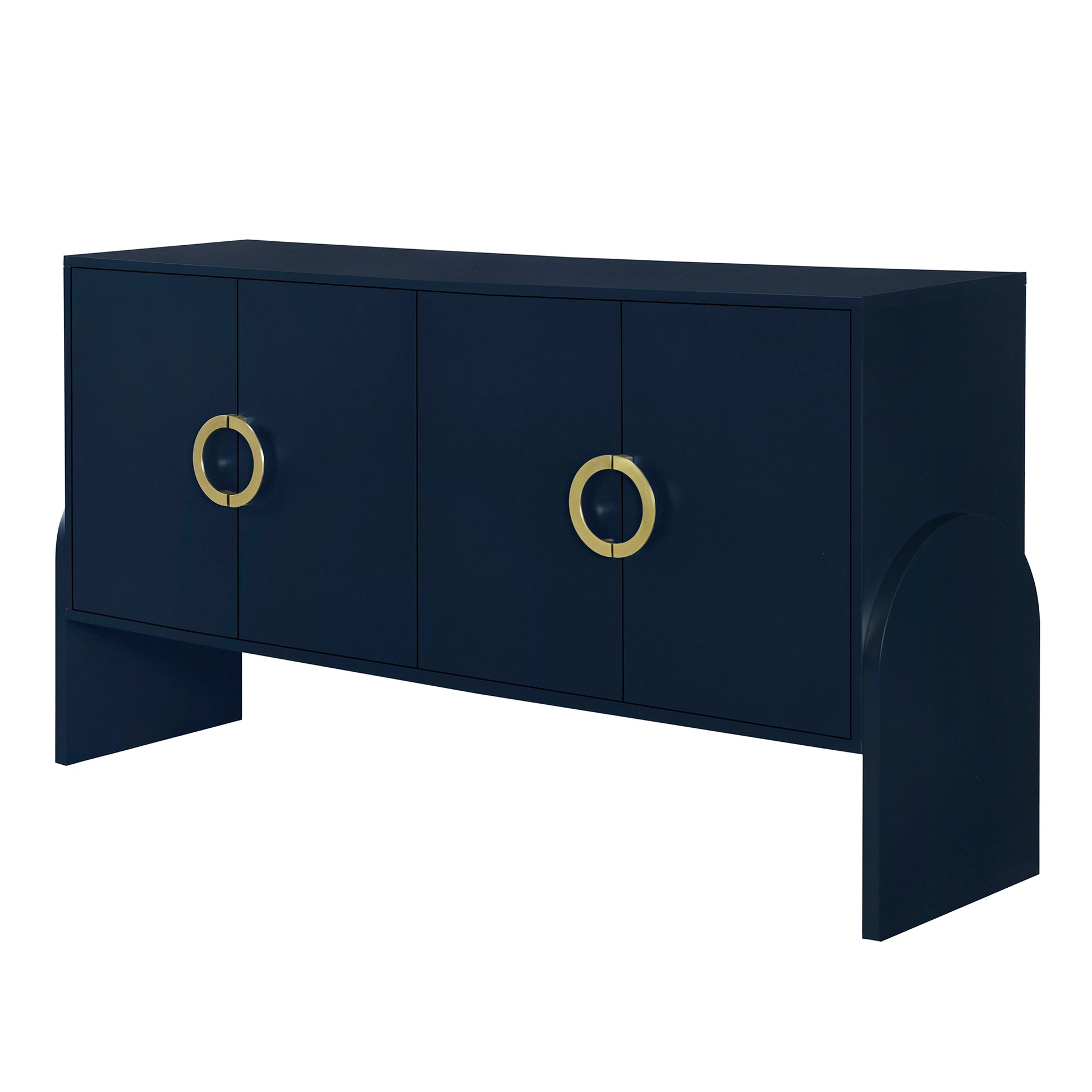 Four Door Metal Handle Storage Cabinet, Suitable For Study, Living Room,Adjustable Shelf Navy Blue Solid Wood Mdf