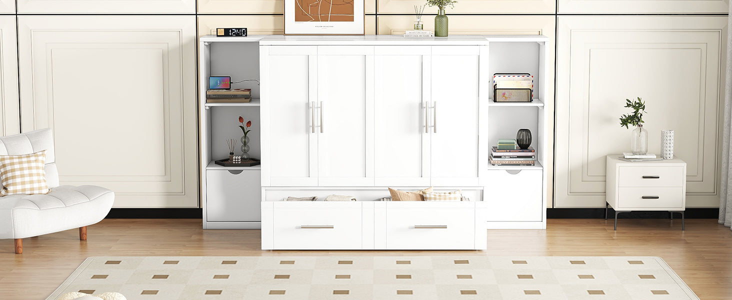 Queen Size Murphy Bed With Shelves, Drawers And Usb Ports,White White Mdf Lvl