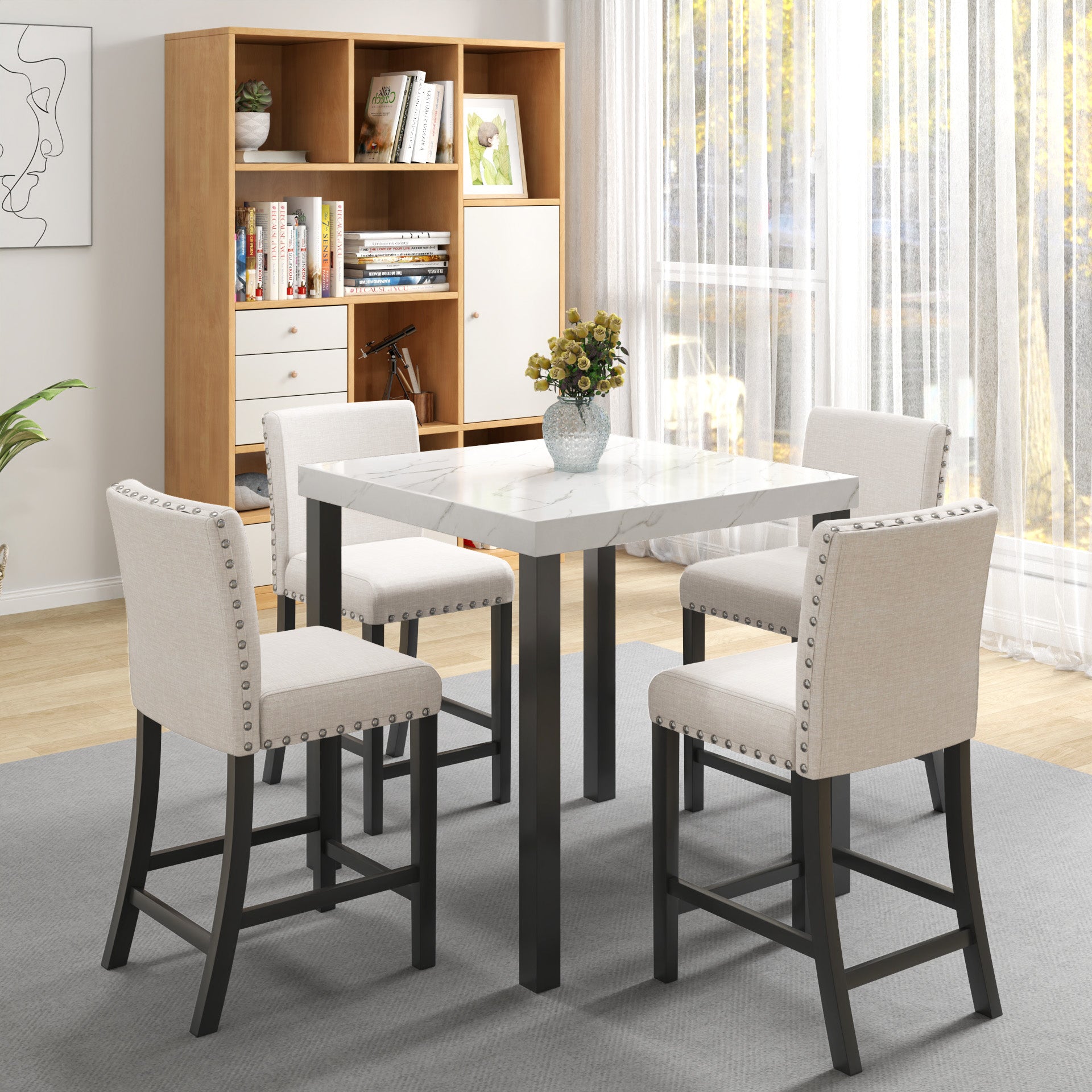 Five Piece Dining Set With Imitation Marble Tabletop, Restaurant Combination Set, Solid Wood Dining Table And 4 Chairs, Space Saving Combination Furniture For Kitchen And Dining Room. Black White Solid Wood Mdf