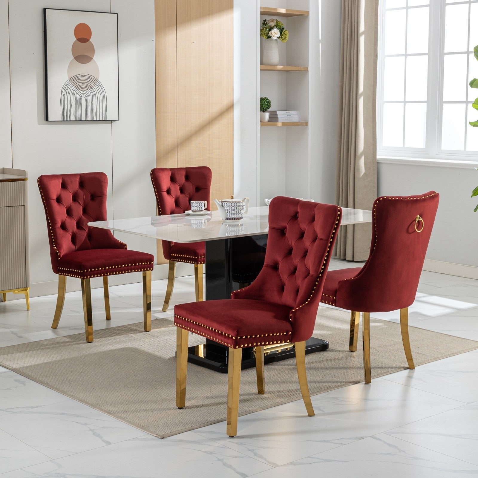 Nikki Collection Modern, High End Tufted Solid Wood Contemporary Velvet Upholstered Dining Chair With Golden Stainless Steel Plating Legs,Nailhead Trim,Set Of 2,Wine Red And Gold, Sw1601Wr,Burdy Burgundy Dining Room American Design Dining Chairs