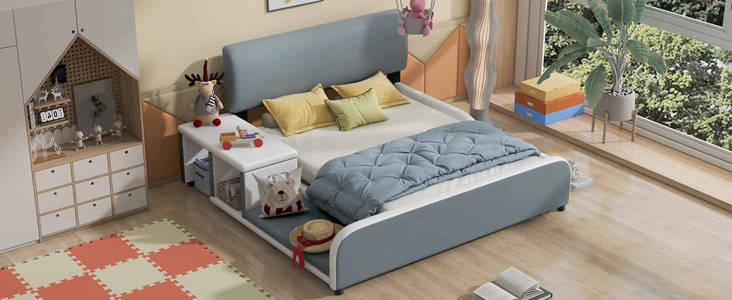 Full Size Upholstered Platform Bed With Storage Nightstand And Guardrail, Gray Box Spring Not Required Full Gray Wood Bedroom Upholstered