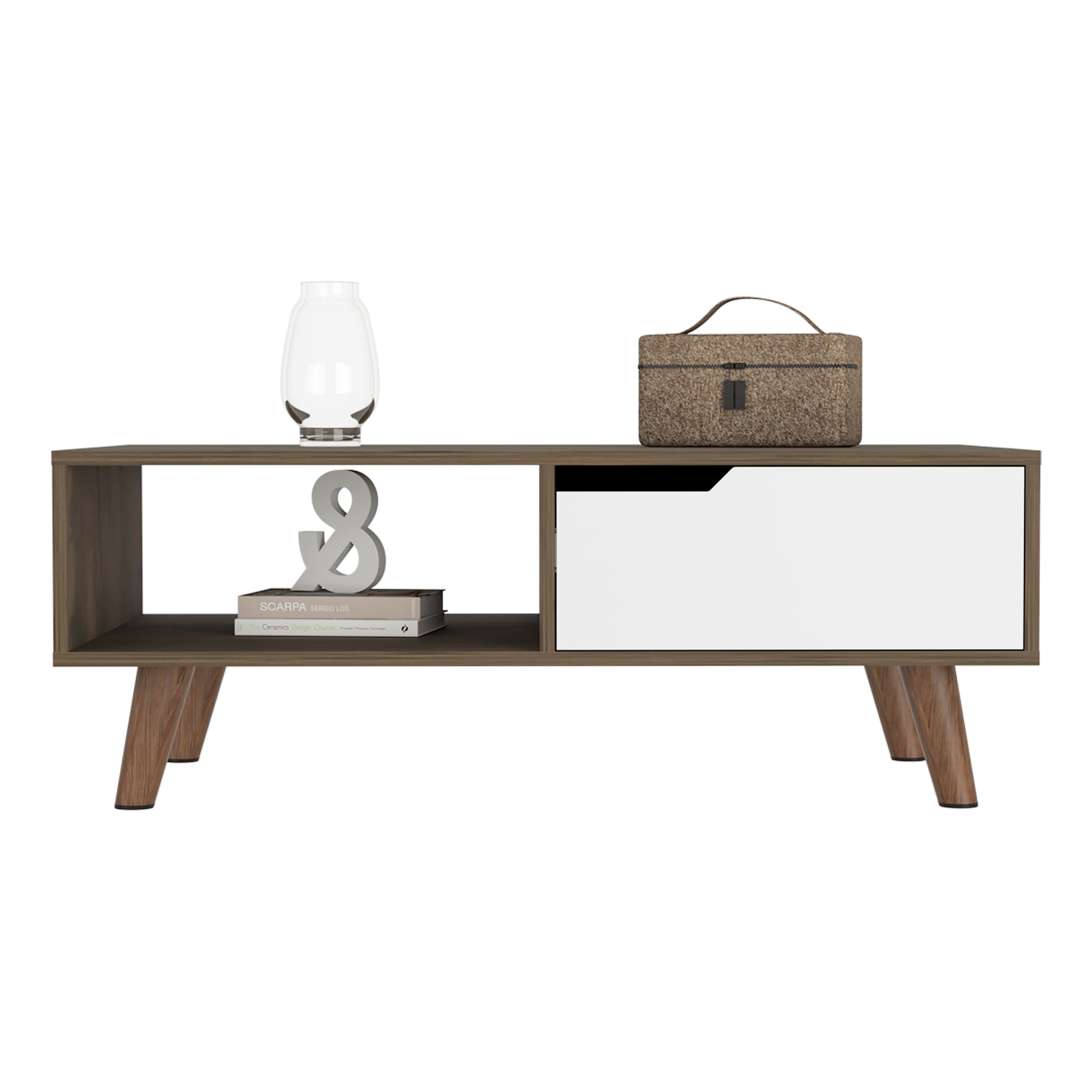 15" H Rectangular Dark Brown White Coffee Table, 4 Metal Legs, 1 Vertical Divider For Designer Books, And 1 Drawer For Storing Small Things. Multicolor Particle Board Particle Board
