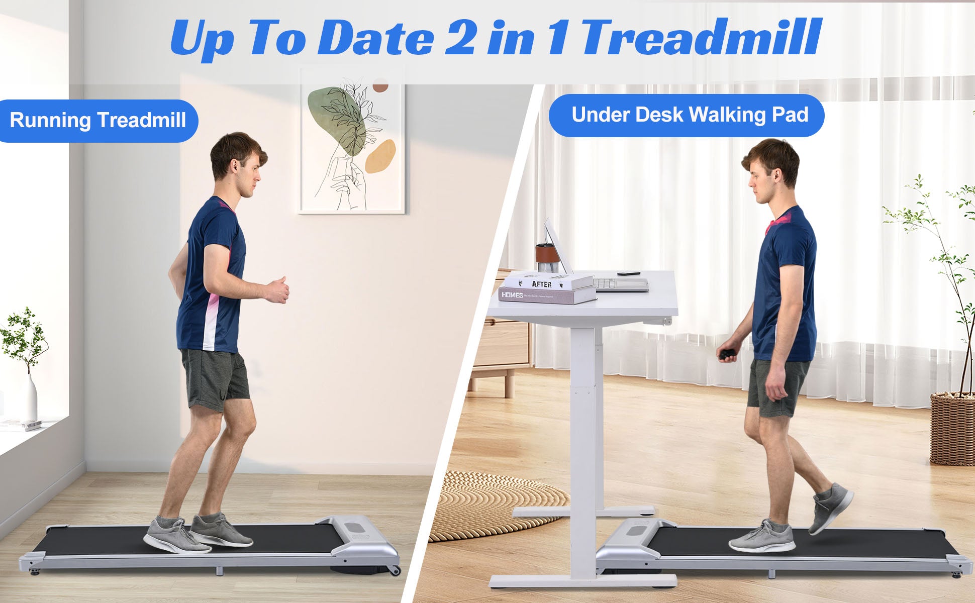 2 In 1 Under Desk Electric Treadmill 2.5Hp, Remote Control, Display, Walking Jogging Running Machine Fitness Equipment For Home Gym Office Silver Metal