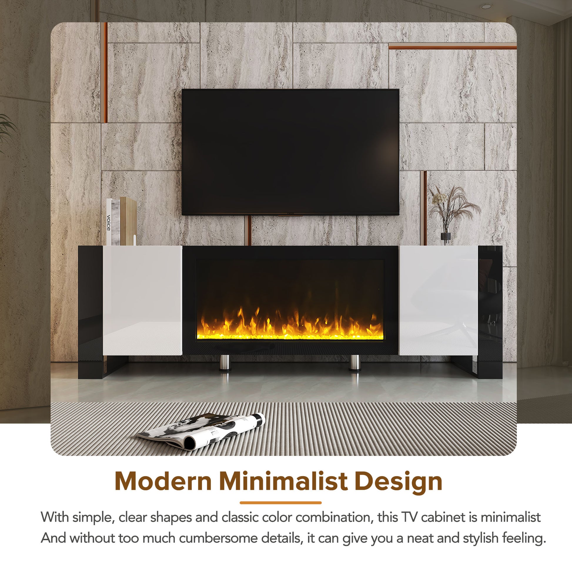 Modern Tv Stand With 34.2" Non Heating Electric Fireplace, High Gloss Entertainment Center With 2 Cabinets, Media Console For Tvs Up To 78", White White Primary Living Space 70 79 Inches 70 79 Inches Modern Mdf