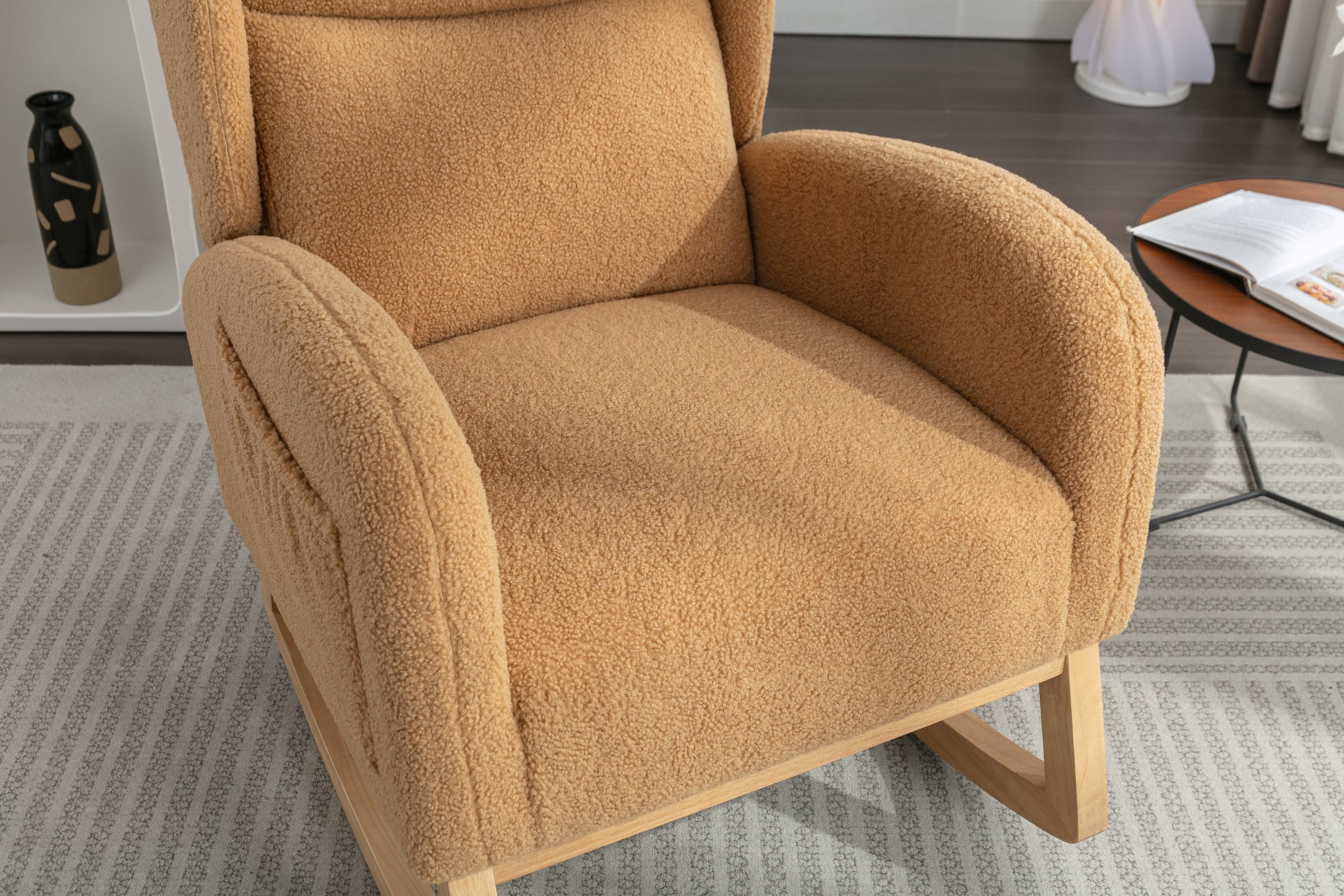 049 Teddy Fabric Rocking Chair With Packet Wood Legs,Khaki Wood Solid Khaki Primary Living Space Foam Wipe Clean Modern Rocking Chairs Eucalyptus Tufted Back Foam Teddy
