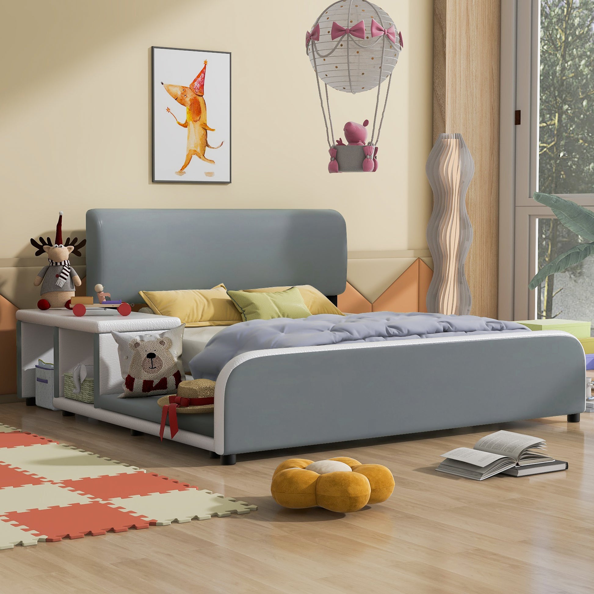 Full Size Upholstered Platform Bed With Storage Nightstand And Guardrail, Gray Box Spring Not Required Full Gray Wood Bedroom Upholstered