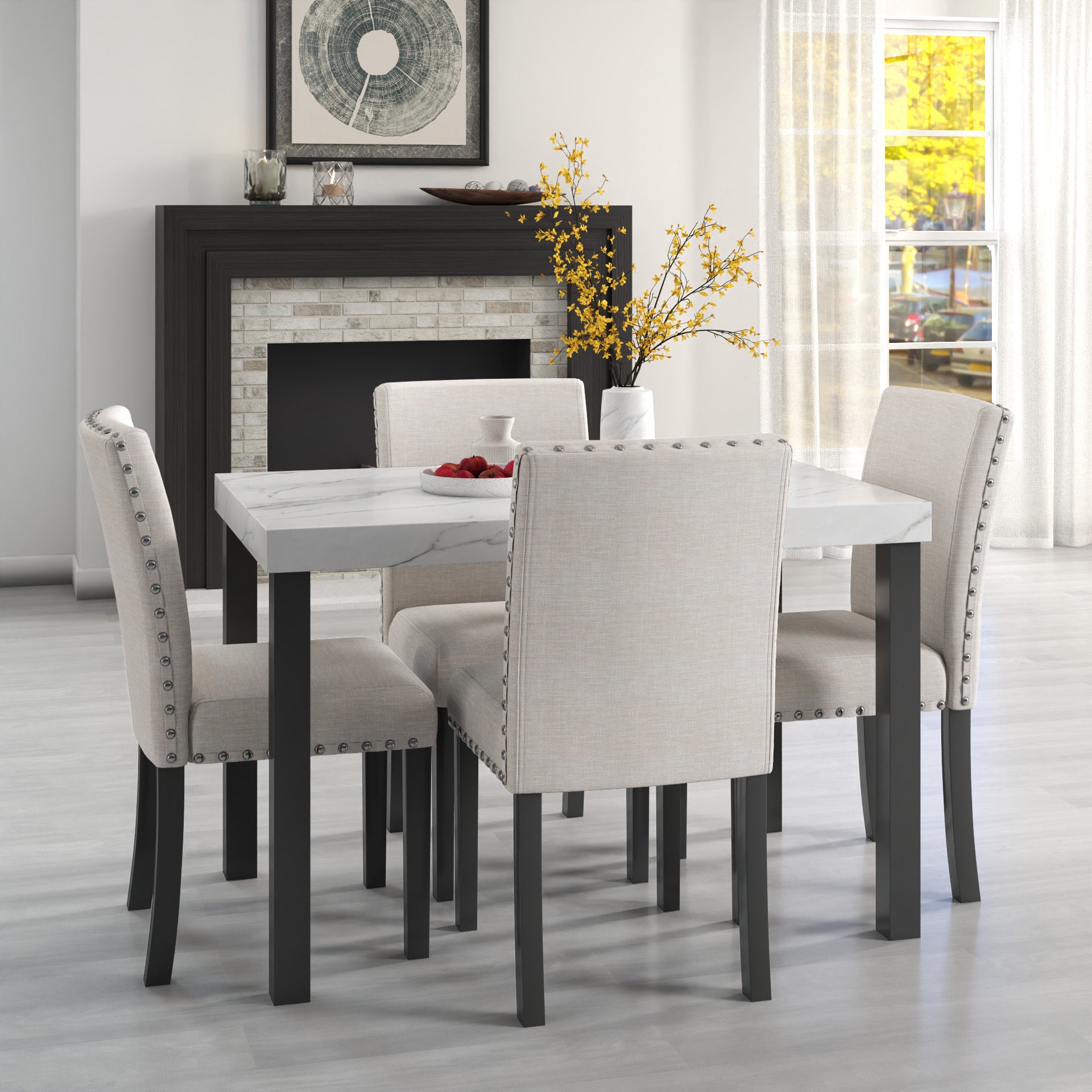 Five Piece Dining Set With Imitation Marble Tabletop, Restaurant Combination Set, Solid Wood Dining Table And 4 Chairs, Space Saving Combination Furniture For Kitchen And Dining Room. Black White Solid Wood Mdf