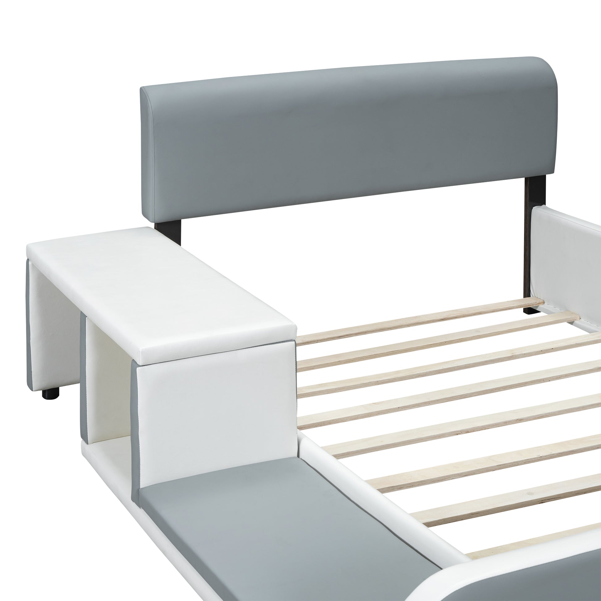 Full Size Upholstered Platform Bed With Storage Nightstand And Guardrail, Gray Box Spring Not Required Full Gray Wood Bedroom Upholstered