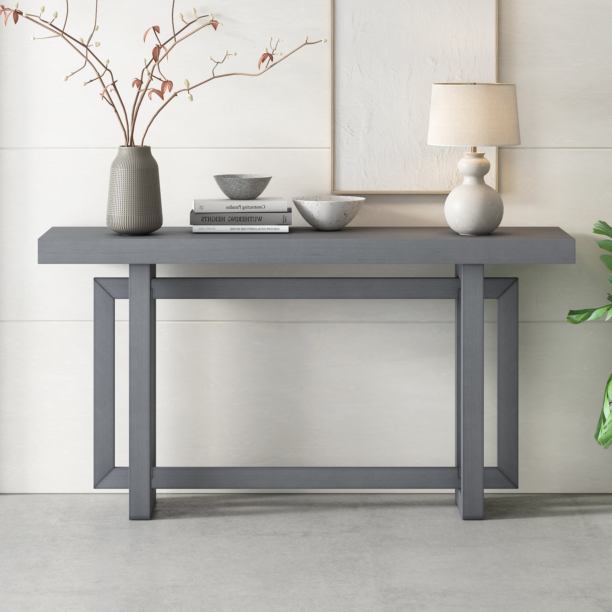 Contemporary Console Table With Wood Top, Extra Long Entryway Table For Entryway, Hallway, Living Room, Foyer, Corridor Dark Gray Solid Wood Mdf