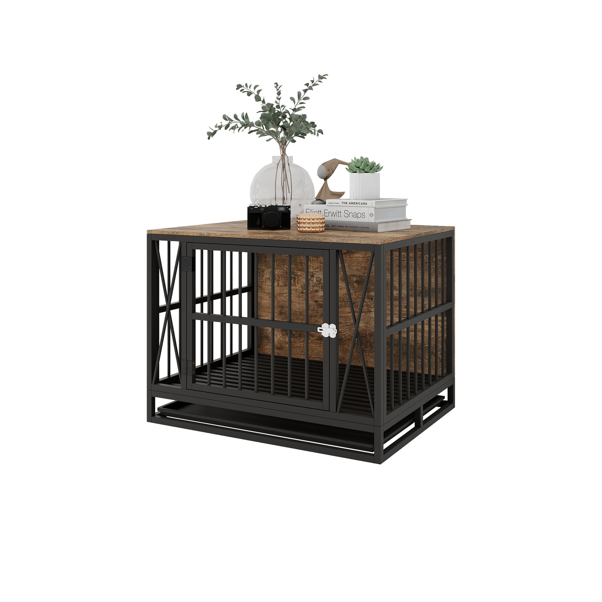 Dog Crate Furniture, 32.67 Inches Dog Kennel For Dogs Up To 70 Lb, With Removable Tray, Heavy Duty Dog Cage End Table, Rustic Brown Rustic Brown Wood Metal