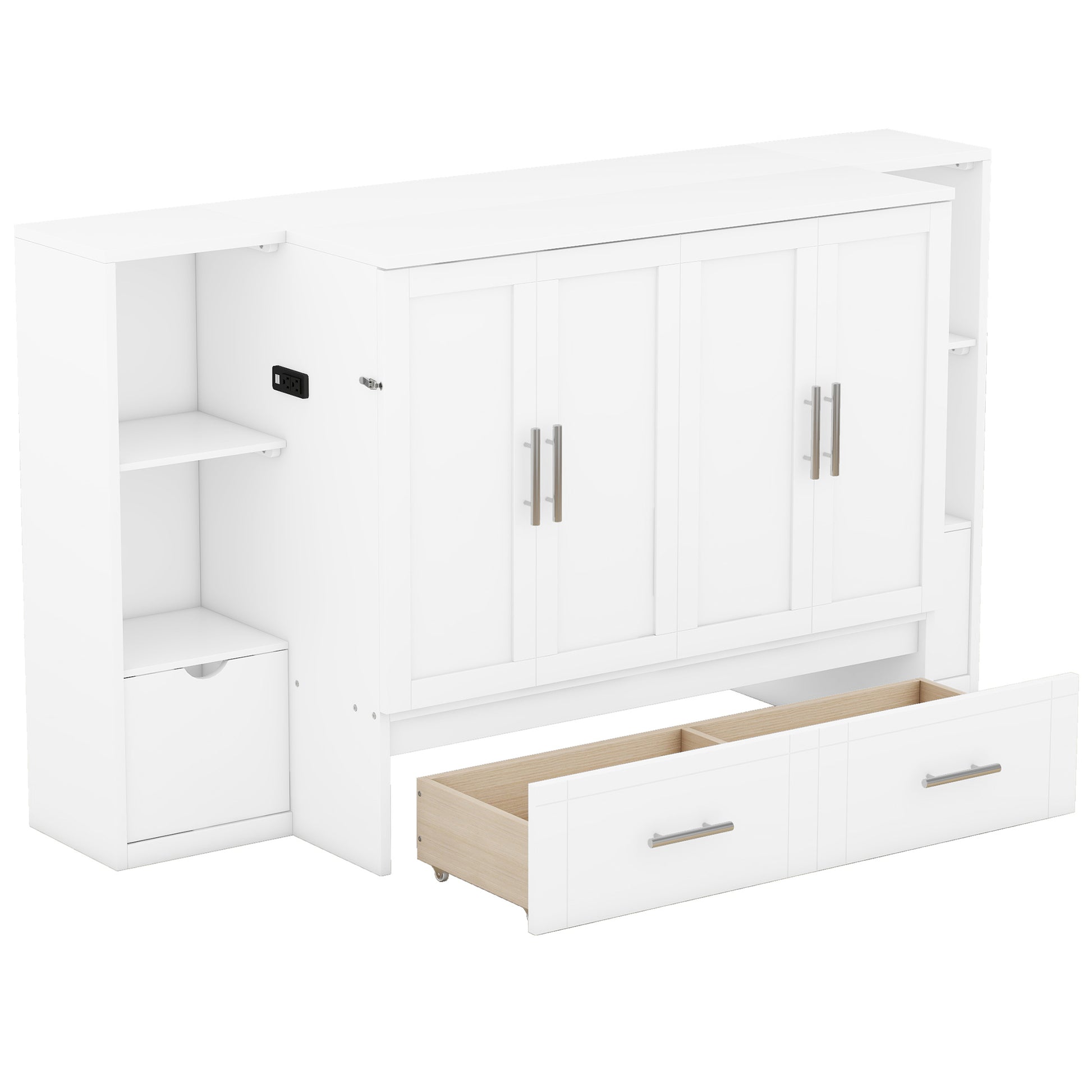 Queen Size Murphy Bed With Shelves, Drawers And Usb Ports,White White Mdf Lvl