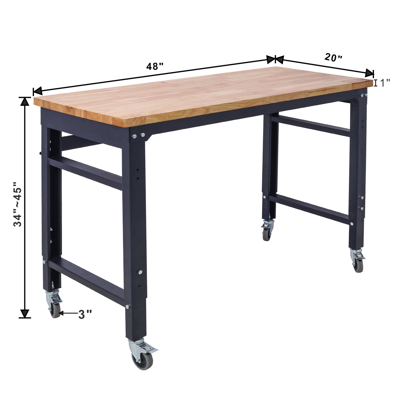 Workbench 48" Wide Rolling Workbenches For Garage Adjustable Height, Workshop Tool Bench, Metal With Rubber Wood Top Black Steel