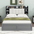 Wood Queen Size Platform Bed With Storage Headboard, Shelves And 2 Drawers, Gray Box Spring Not Required Queen Gray Wood Bedroom Bed Frame Solid Wood Mdf