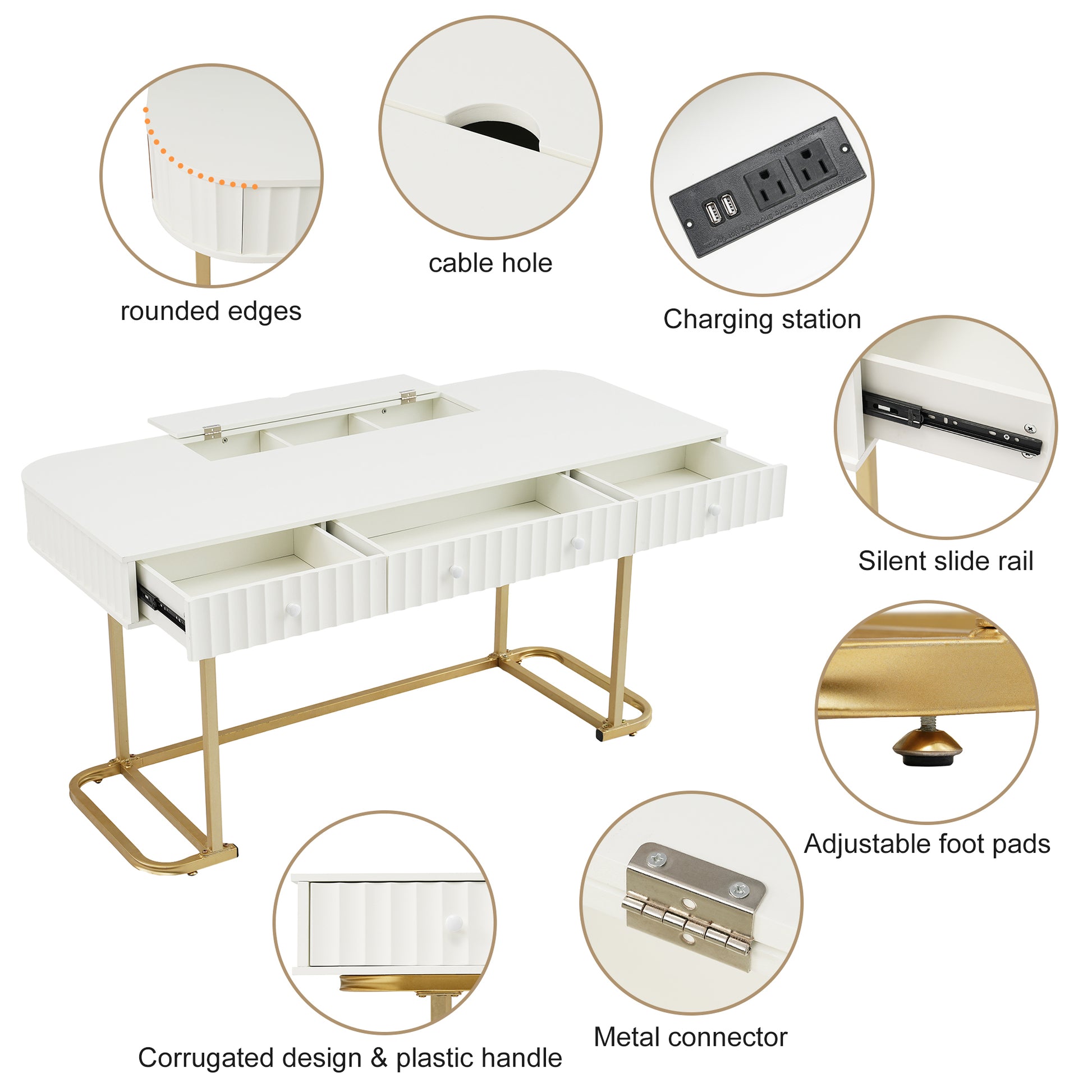 58"Mid Century Modern Curved Desk,Wooden Home Office Desk With Waveform Fluted Panel Design,Executive Desk With 3 Drawers And Metal Leg,Writing Desk,Workstation For Office, Living Room,White&Gold Gold White Mdf Steel