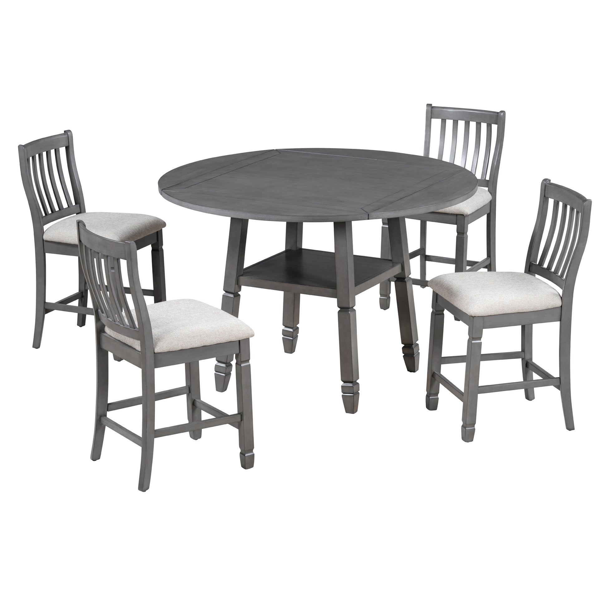 5 Piece Counter Height Dining Table Set In 2 Table Sizes With 4 Folding Leaves And 4 Upholstered Chairs For Dining Room Gray Beige Cushion Upholstered Chair Wood Gray Beige Seats 4 Wood Dining Room Drop Leaf Folding American Traditional,Antique Acacia 4