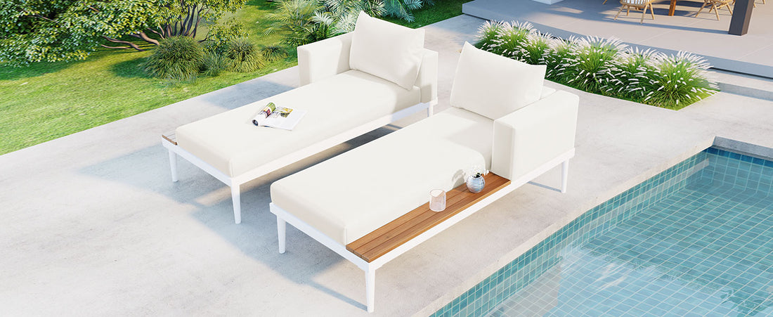 Modern Outdoor Daybed Patio Metal Daybed With Wood Topped Side Spaces For Drinks, 2 In 1 Padded Chaise Lounges For Poolside, Balcony, Deck, Beige Yes Lounge Beige Weather Resistant Frame Fade