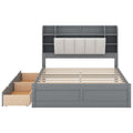 Wood Queen Size Platform Bed With Storage Headboard, Shelves And 2 Drawers, Gray Box Spring Not Required Queen Gray Wood Bedroom Bed Frame Solid Wood Mdf