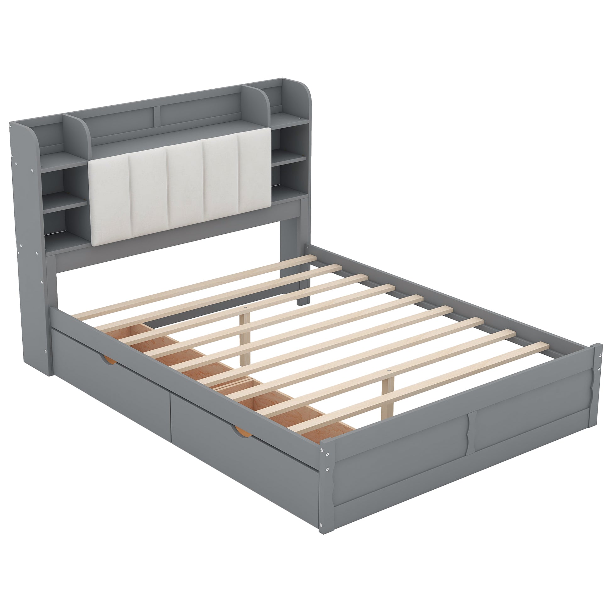 Wood Queen Size Platform Bed With Storage Headboard, Shelves And 2 Drawers, Gray Box Spring Not Required Queen Gray Wood Bedroom Bed Frame Solid Wood Mdf