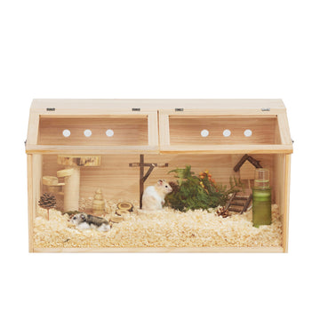 Middle Transparent Wooden Hamster Cage, Small Animal Habitat Hutch For Large Siberian Hamster,Gerbils,Little Rabbits, Natural Natural Wood