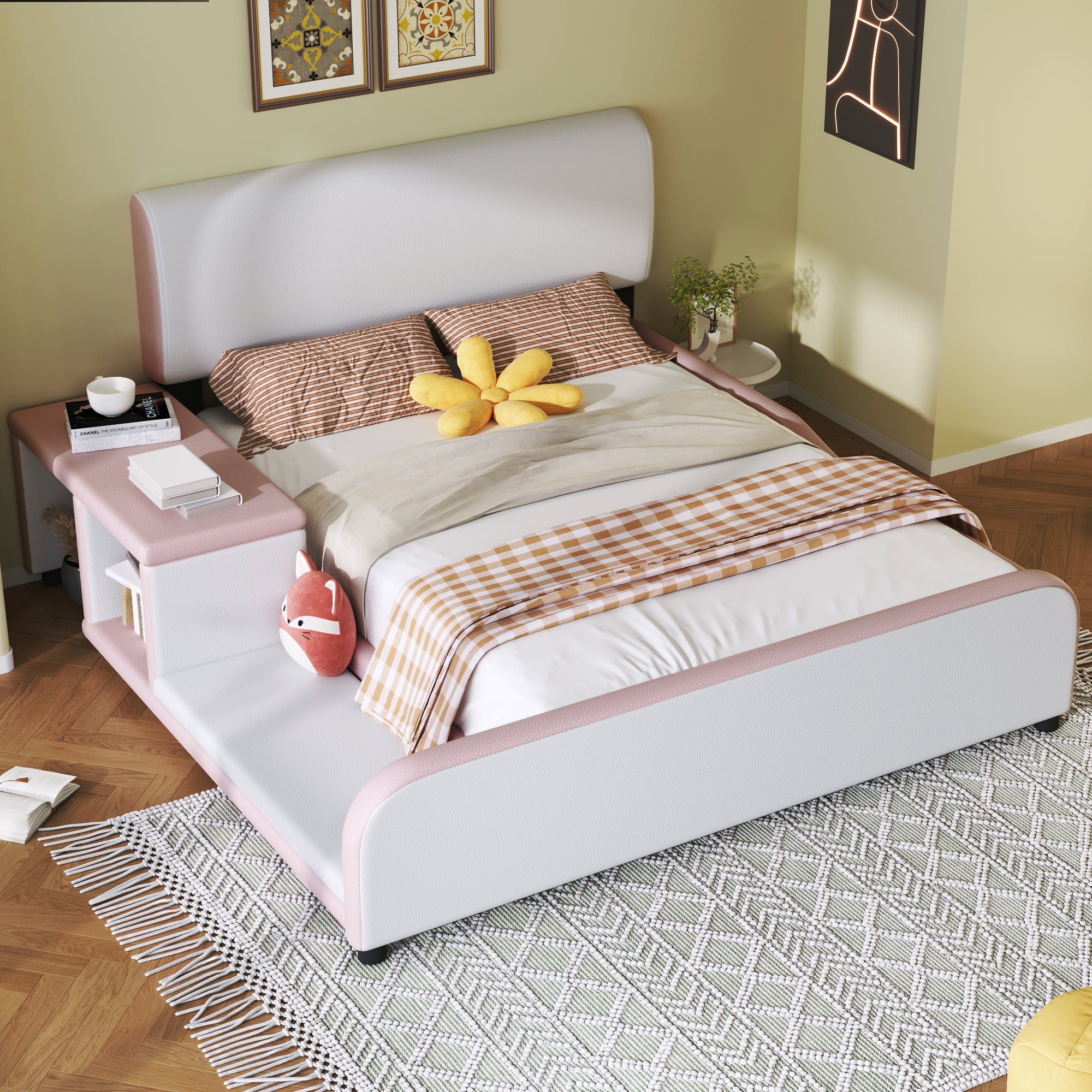 Full Size Upholstered Platform Bed With Storage Nightstand And Guardrail, Pink Box Spring Not Required Full Pink Wood Bedroom Upholstered