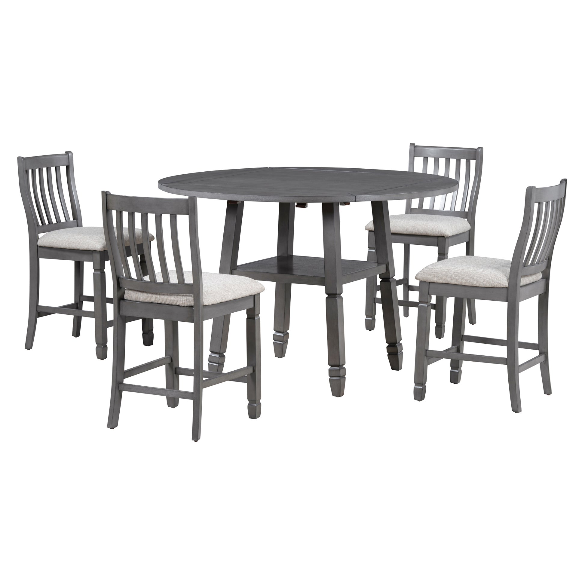 5 Piece Counter Height Dining Table Set In 2 Table Sizes With 4 Folding Leaves And 4 Upholstered Chairs For Dining Room Gray Beige Cushion Upholstered Chair Wood Gray Beige Seats 4 Wood Dining Room Drop Leaf Folding American Traditional,Antique Acacia 4