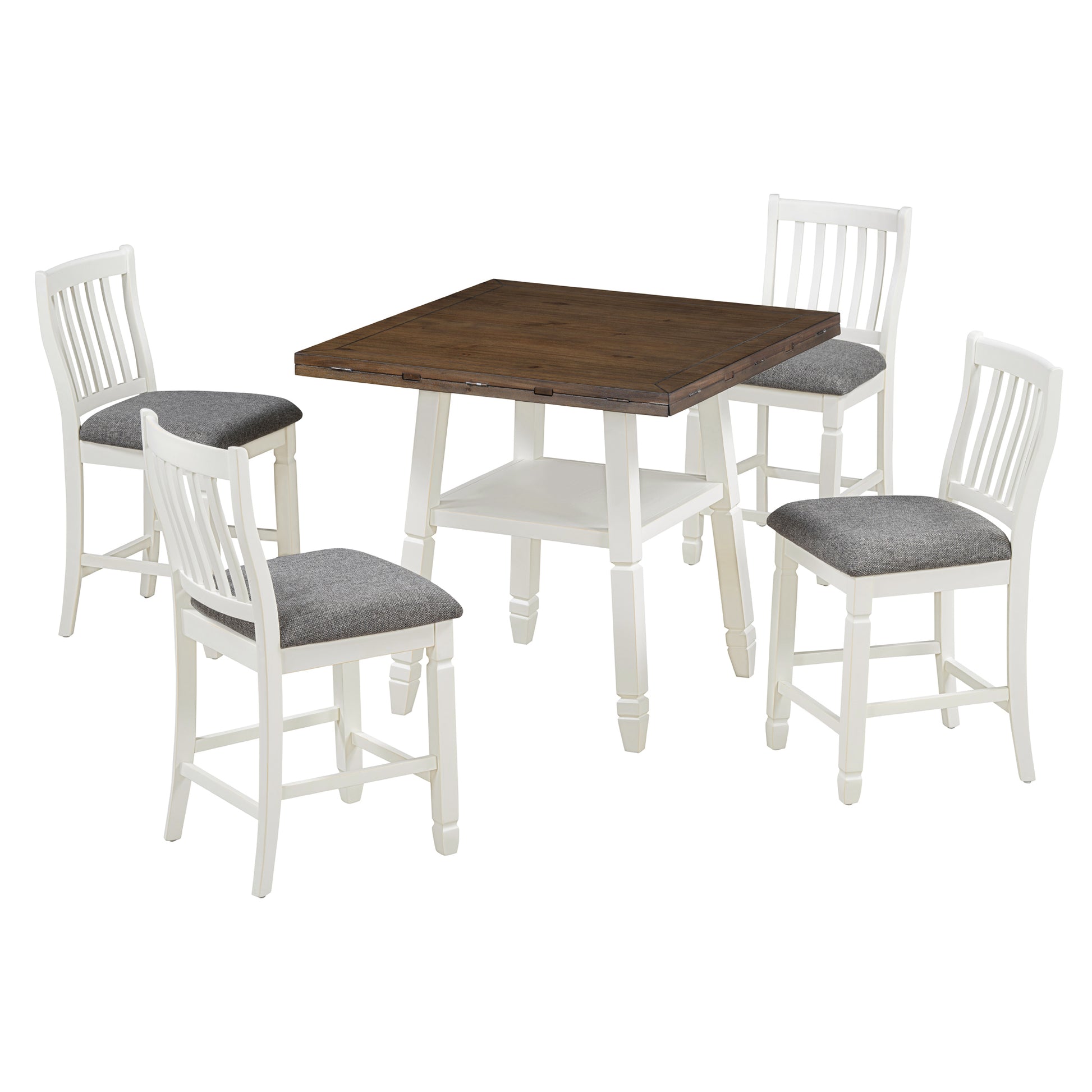 5 Piece Counter Height Dining Table Set In 2 Table Sizes With 4 Folding Leaves And 4 Upholstered Chairs For Dining Room Espresso White Gray Cushion Upholstered Chair Wood Espresso White Seats 4 Wood Dining Room Drop Leaf Folding American