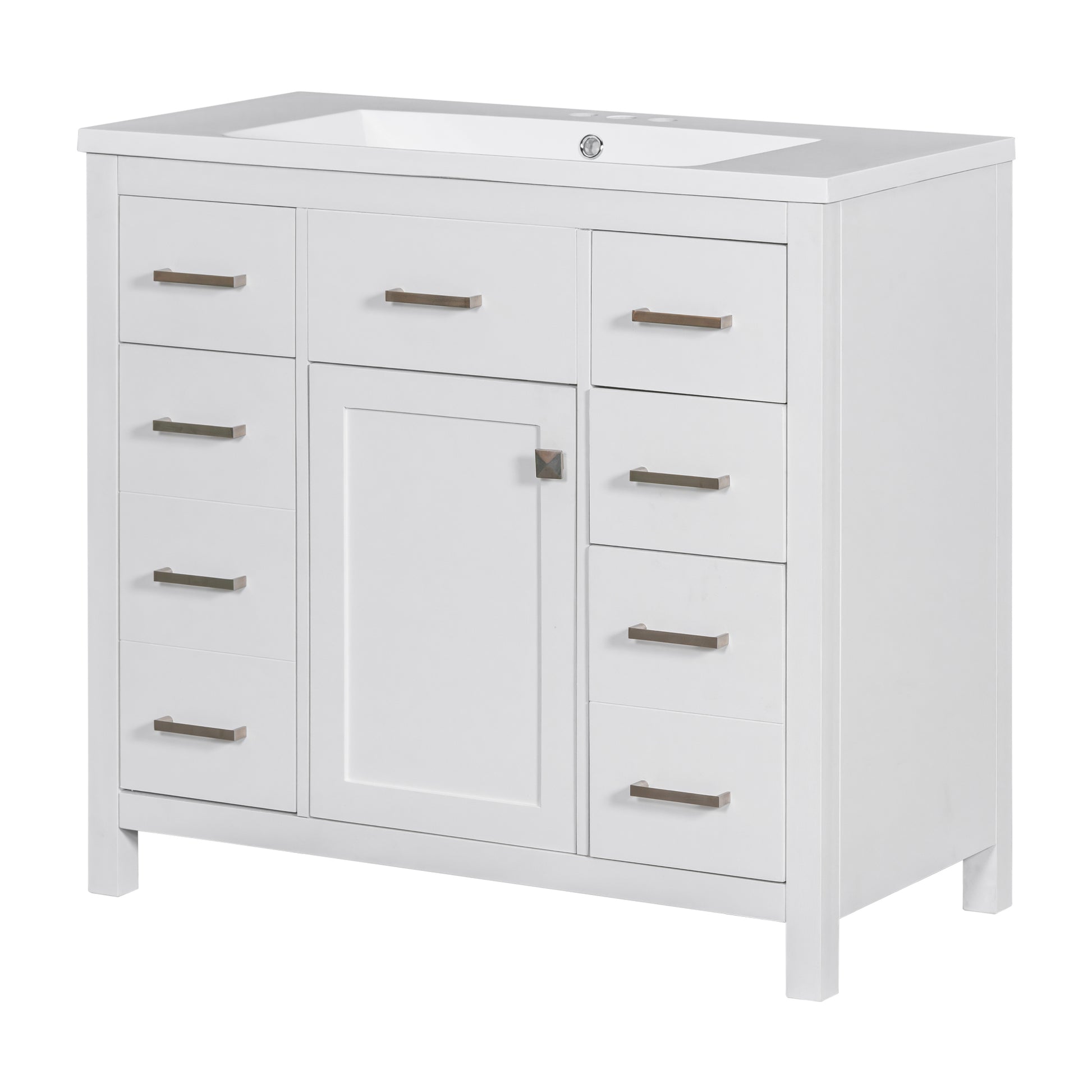 36 Inch Modern Bathroom Vanity Cabinet With Multifunctional Storage Space 5 Drawers And 1 Door White Solid Wood Mdf Resin