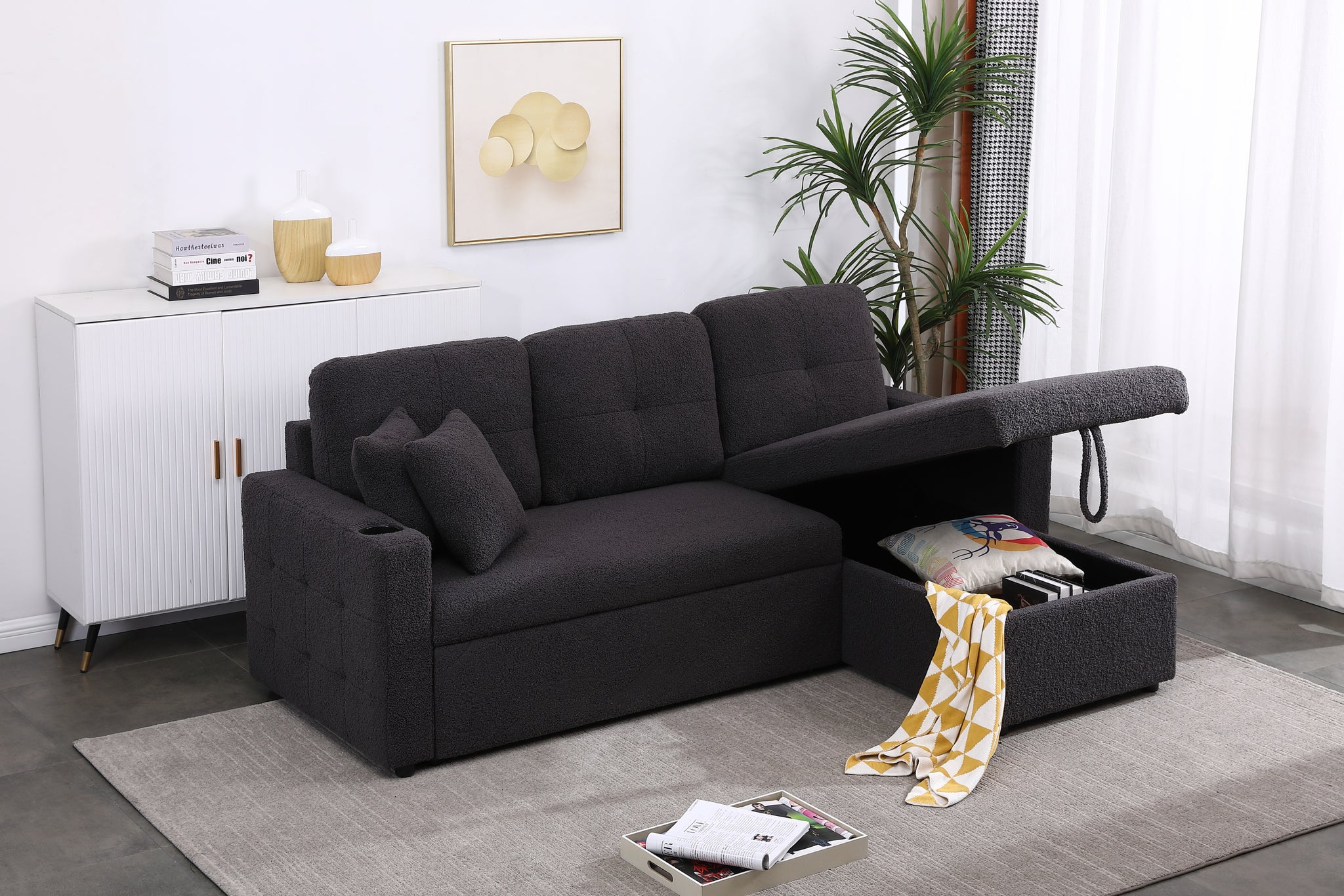 Lambswool Pull Out Sleeper Sectional Sofa With Storage Chaise Dark Gray Wood Medium Firm Cushion Back Contemporary L Shaped Square Arms Foam Wool