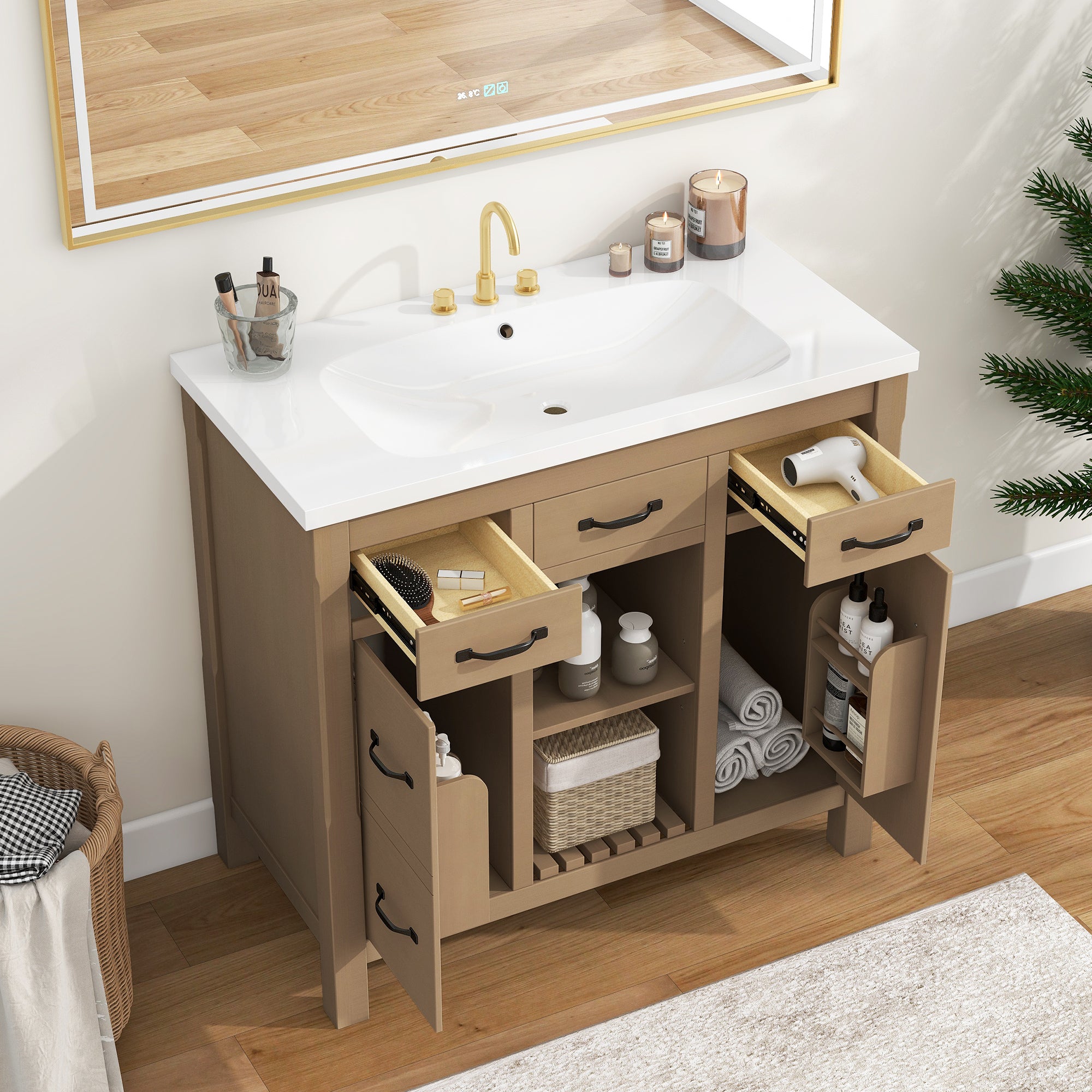 36''Bathroom Vanity with Undermount Sink,Modern 2-wood-2-2-adjustable