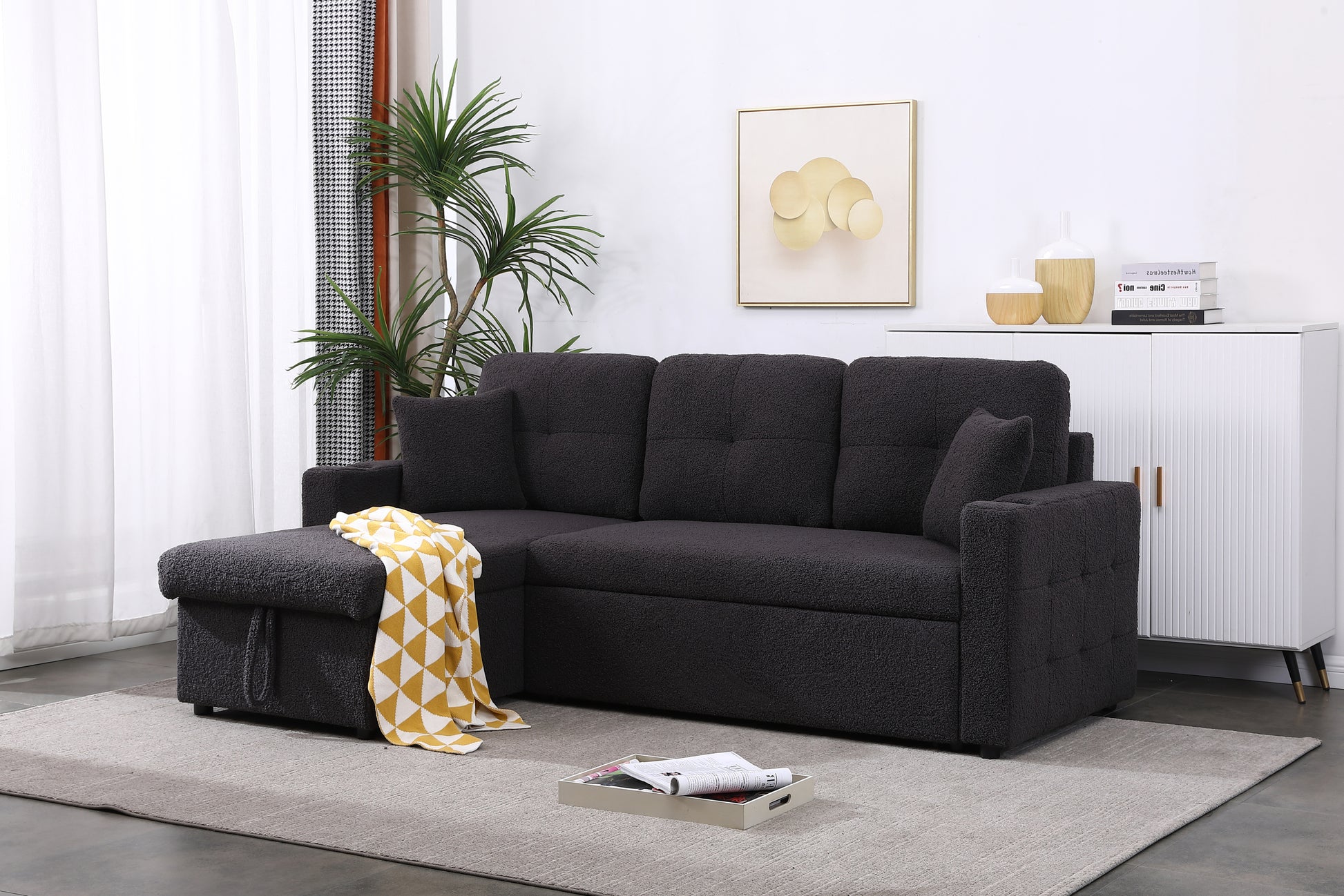 Lambswool Pull Out Sleeper Sectional Sofa With Storage Chaise Dark Gray Wood Medium Firm Cushion Back Contemporary L Shaped Square Arms Foam Wool