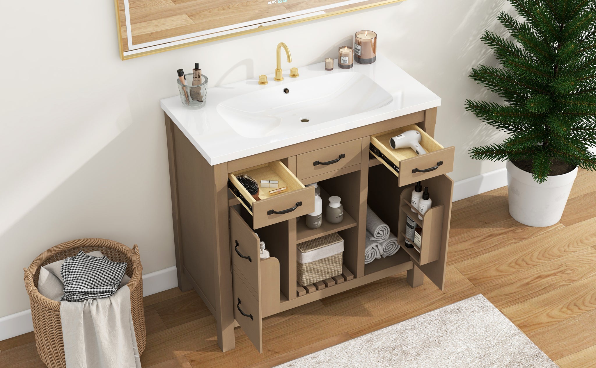 36''Bathroom Vanity with Undermount Sink,Modern 2-wood-2-2-adjustable