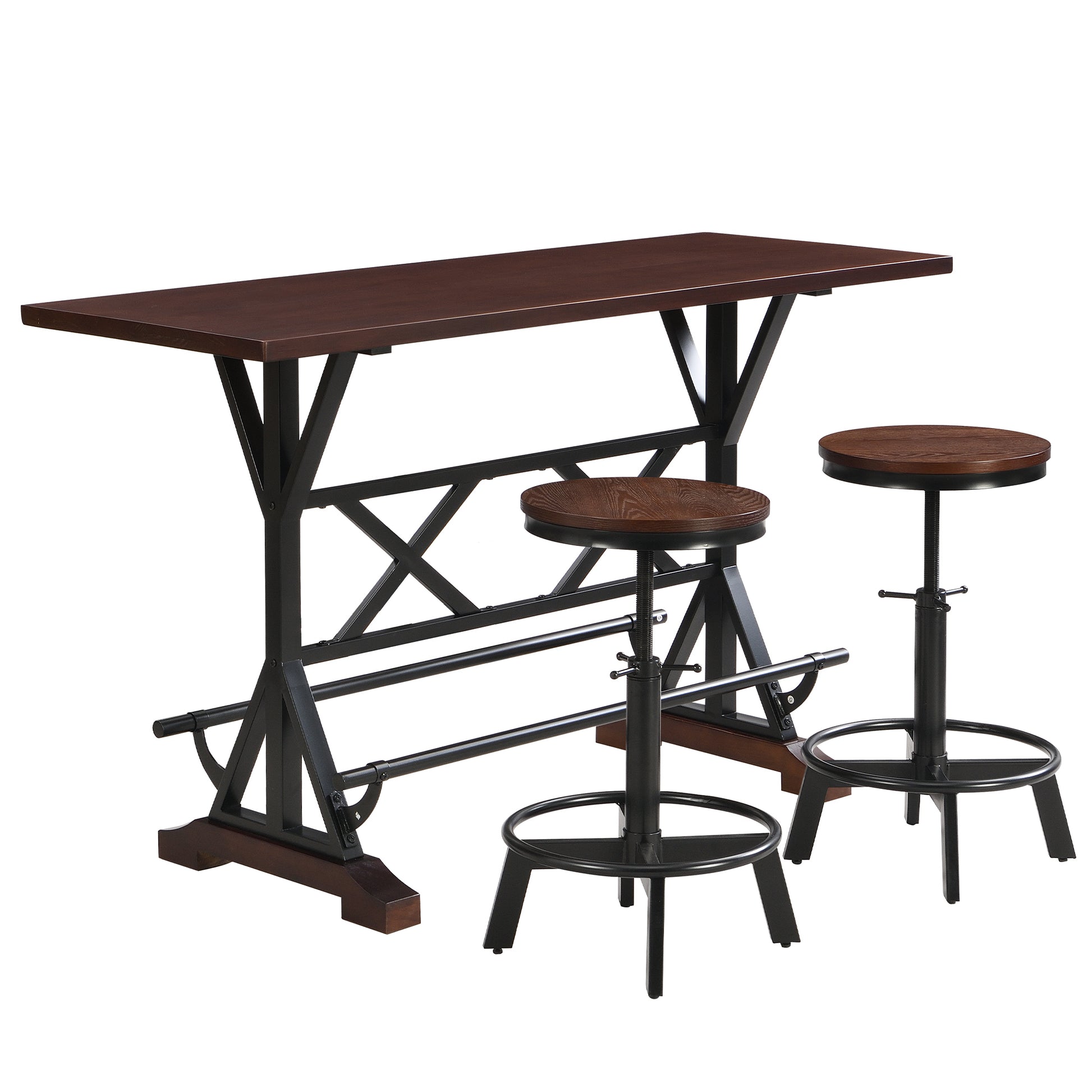 3 Piece Dining Table Set, 59" Wooden Sofa Side Table With Stabilizing Base, Rustic Brown Industrial Adjustable Height Stools, Modern Bar Table And Chairs For Living Room, Dining Room, And Space Saving Metal Espresso Wood Classic Rectangular Wood Metal