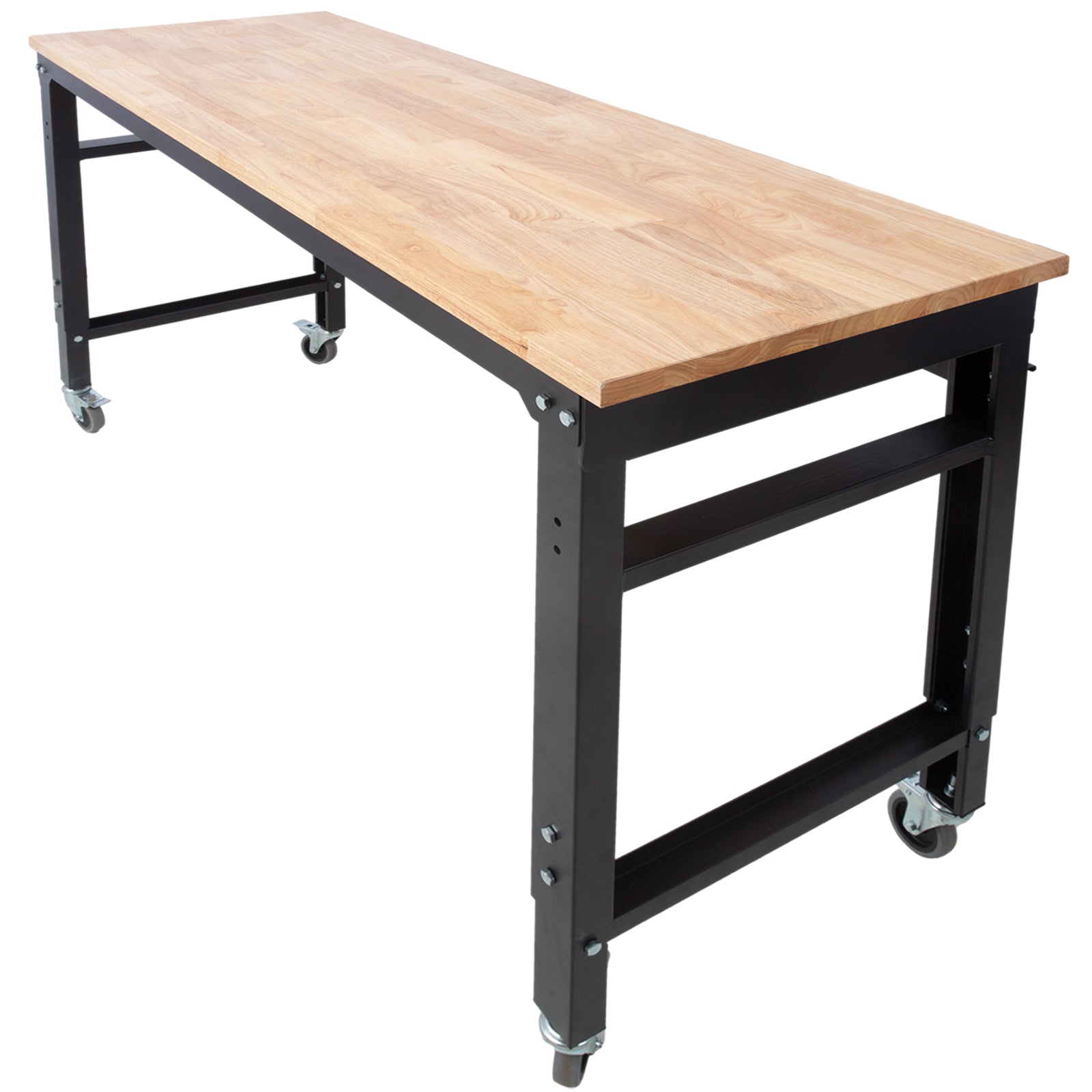 Workbench 60" Wide Rolling Workbenches For Garage Adjustable Height, Workshop Tool Bench, Metal With Rubber Wood Top Black Steel