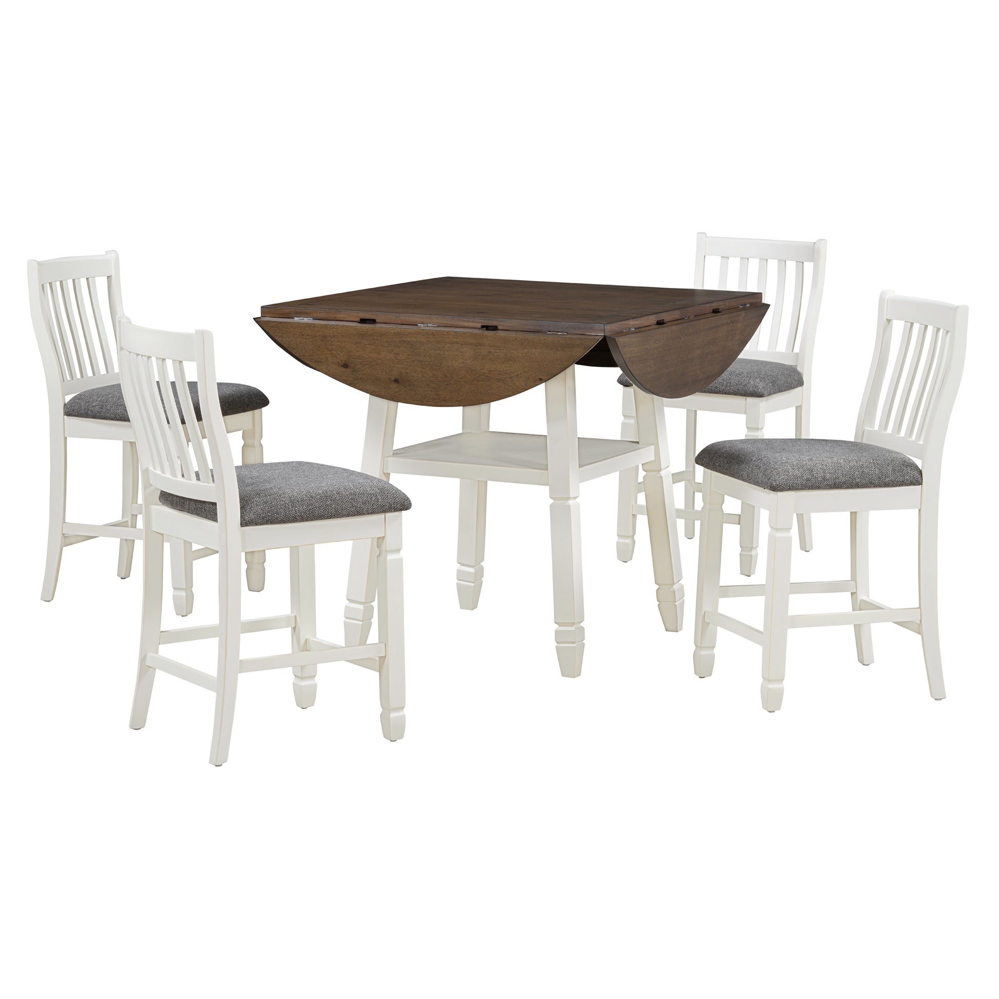 5 Piece Counter Height Dining Table Set In 2 Table Sizes With 4 Folding Leaves And 4 Upholstered Chairs For Dining Room Espresso White Gray Cushion Upholstered Chair Wood Espresso White Seats 4 Wood Dining Room Drop Leaf Folding American