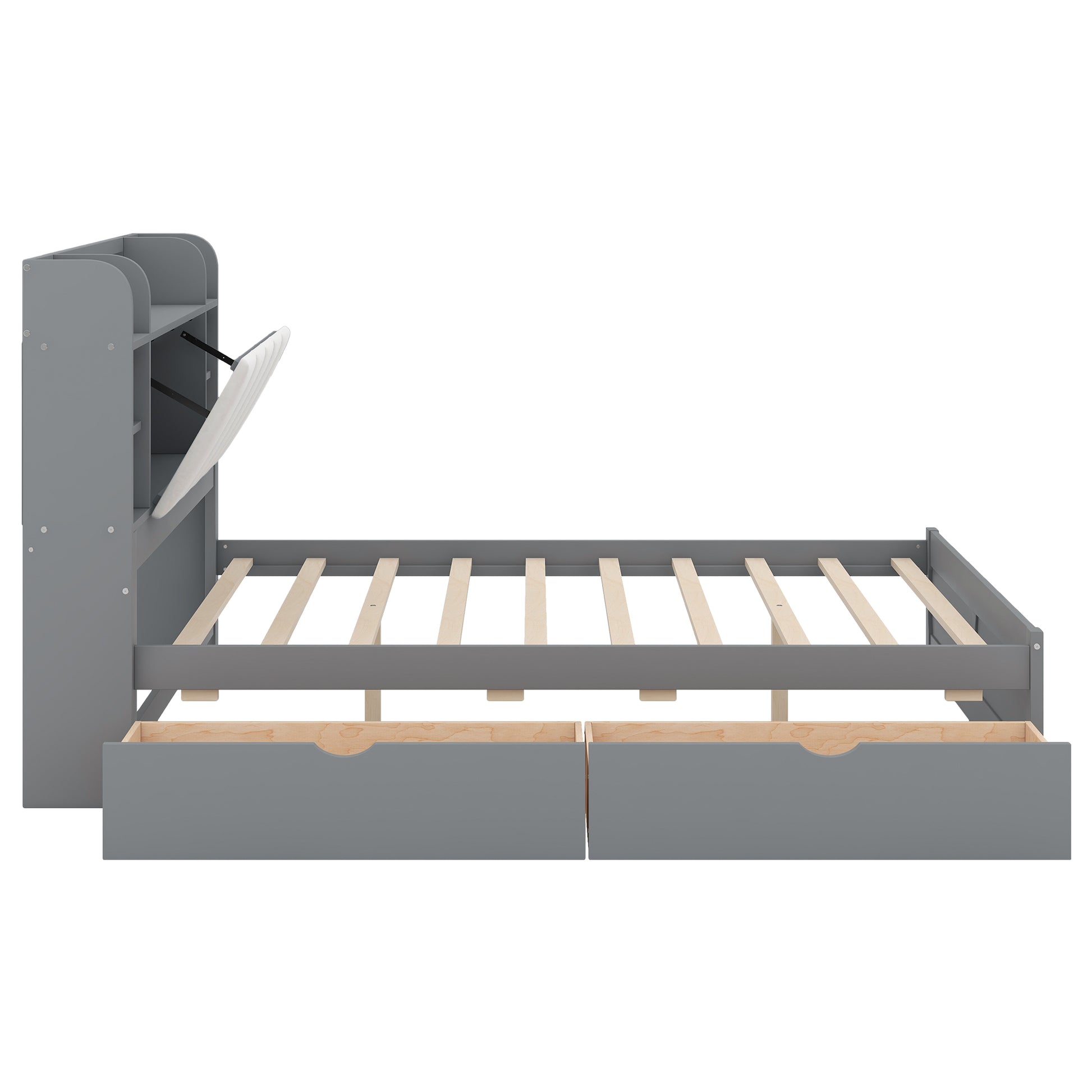 Wood Queen Size Platform Bed With Storage Headboard, Shelves And 2 Drawers, Gray Box Spring Not Required Queen Gray Wood Bedroom Bed Frame Solid Wood Mdf