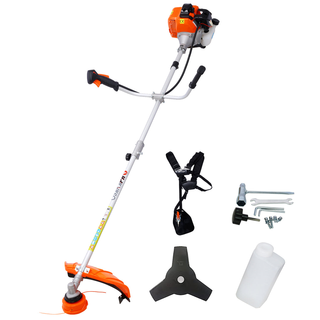 52Cc Weed Eater Wacker Gas Powered, 2 In 1 String Trimme,With 10'' Brush Cutter,Rubber Handle & Shoulder Strap Included Orange Aluminum