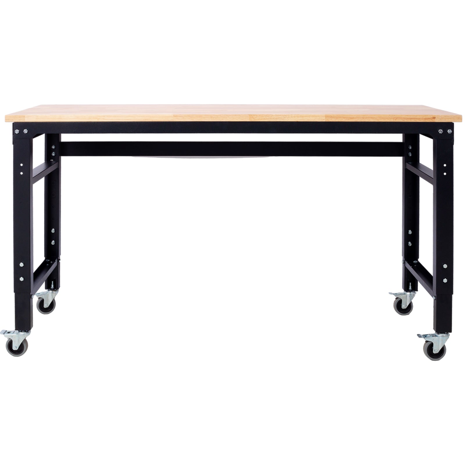 Workbench 60" Wide Rolling Workbenches For Garage Adjustable Height, Workshop Tool Bench, Metal With Rubber Wood Top Black Steel