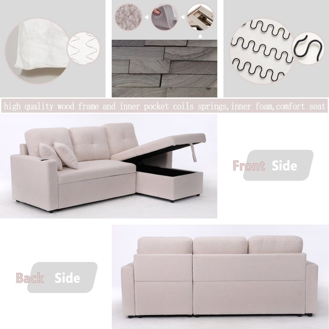 Lambswool Pull Out Sleeper Sectional Sofa With Storage Chaise Beige Wood Medium Firm Cushion Back Contemporary L Shaped Square Arms Foam Wool