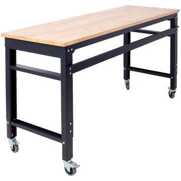 Workbench 60" Wide Rolling Workbenches For Garage Adjustable Height, Workshop Tool Bench, Metal With Rubber Wood Top Black Steel