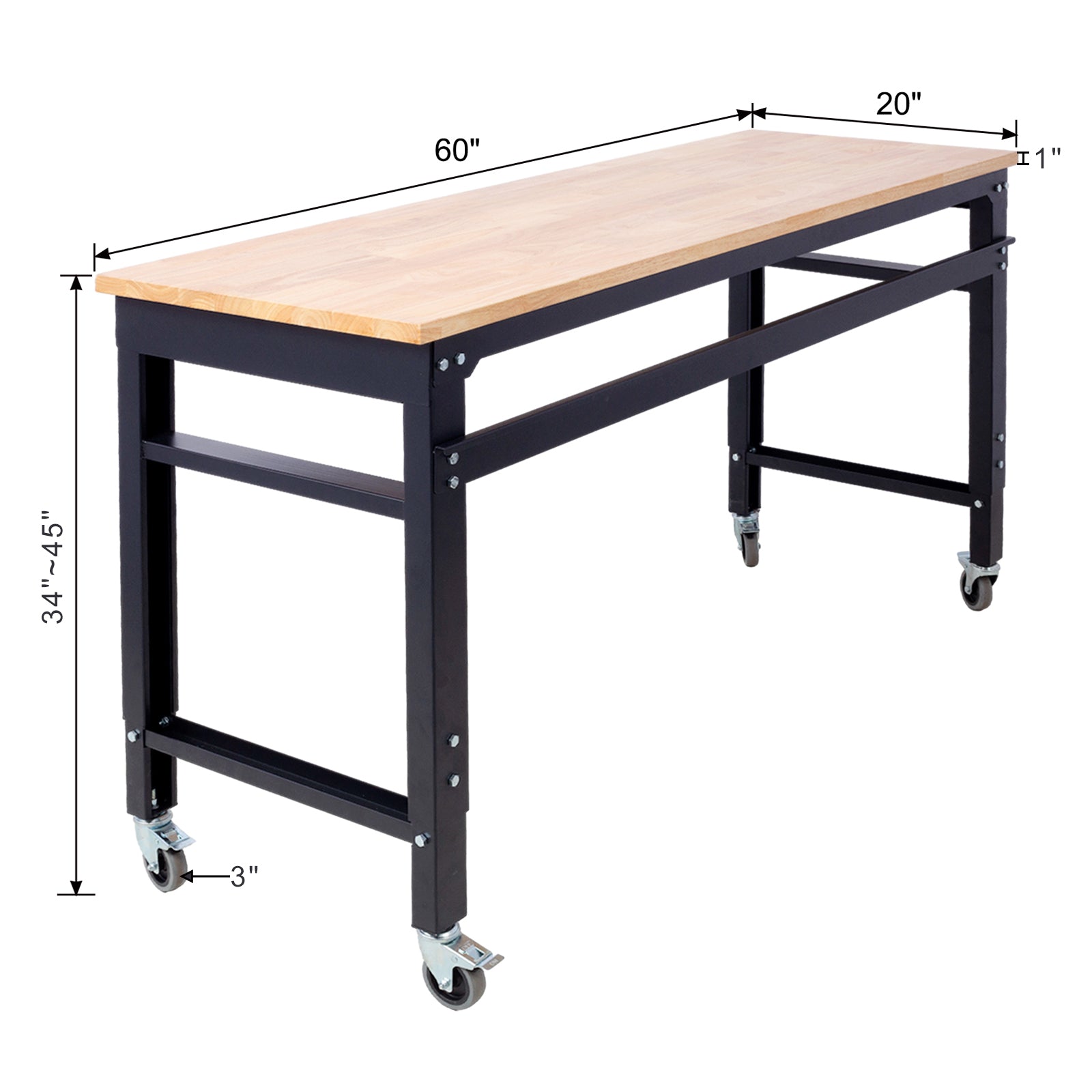 Workbench 60" Wide Rolling Workbenches For Garage Adjustable Height, Workshop Tool Bench, Metal With Rubber Wood Top Black Steel