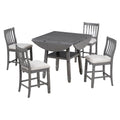 5 Piece Counter Height Dining Table Set In 2 Table Sizes With 4 Folding Leaves And 4 Upholstered Chairs For Dining Room Gray Beige Cushion Upholstered Chair Wood Gray Beige Seats 4 Wood Dining Room Drop Leaf Folding American Traditional,Antique Acacia 4