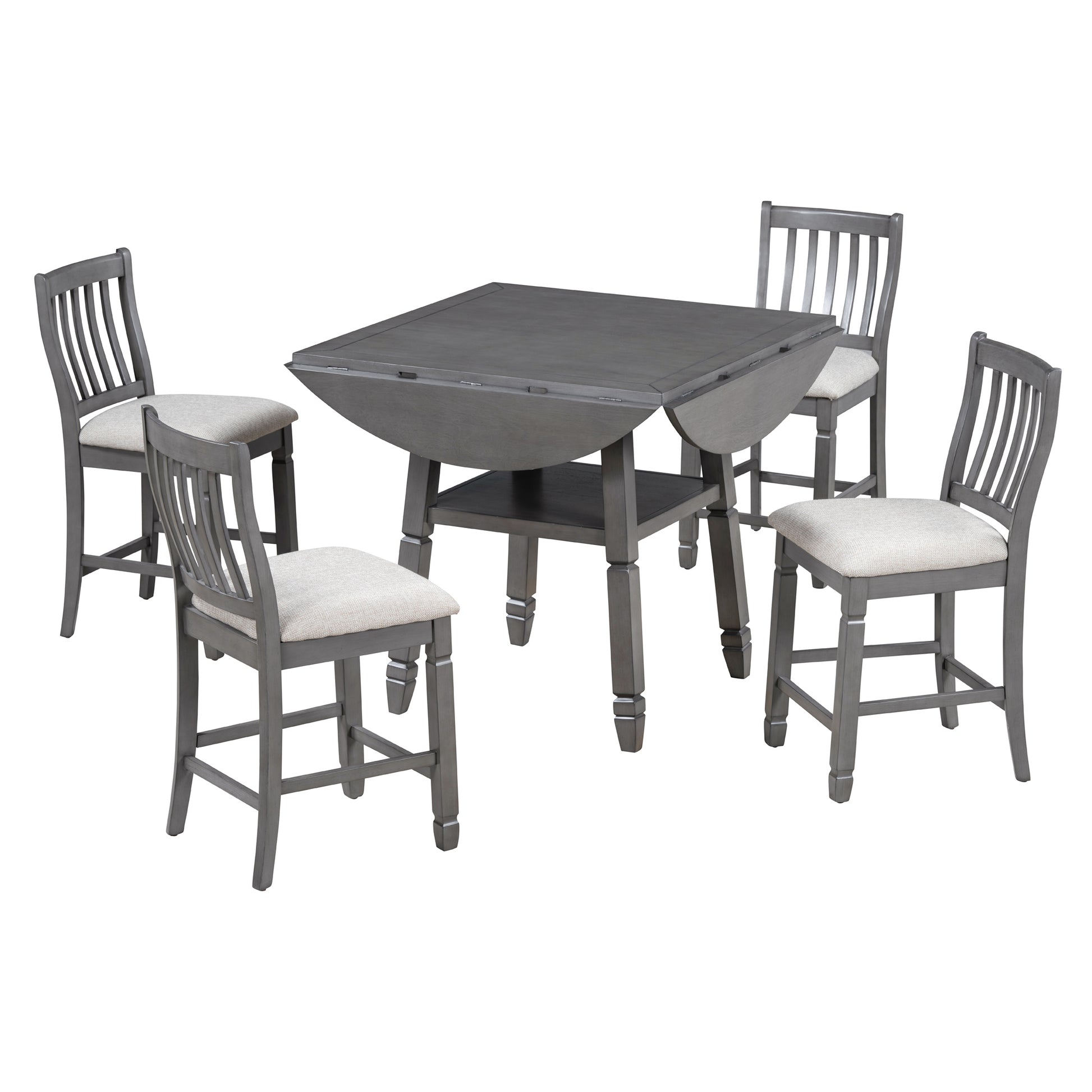 5 Piece Counter Height Dining Table Set In 2 Table Sizes With 4 Folding Leaves And 4 Upholstered Chairs For Dining Room Gray Beige Cushion Upholstered Chair Wood Gray Beige Seats 4 Wood Dining Room Drop Leaf Folding American Traditional,Antique Acacia 4