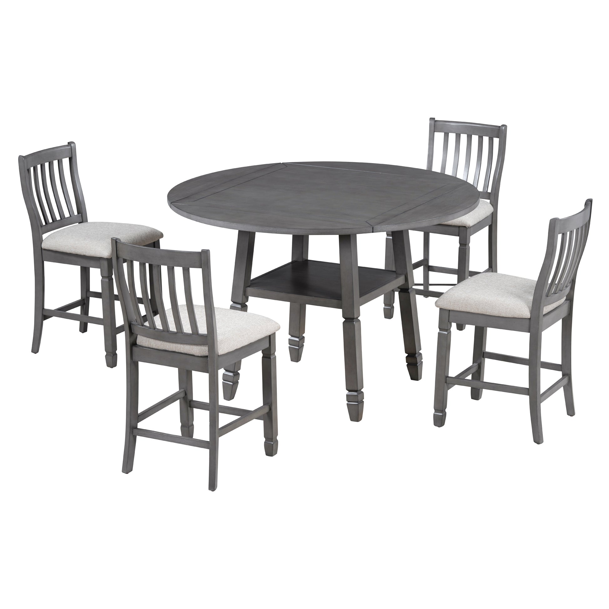 5 Piece Counter Height Dining Table Set In 2 Table Sizes With 4 Folding Leaves And 4 Upholstered Chairs For Dining Room Gray Beige Cushion Upholstered Chair Wood Gray Beige Seats 4 Wood Dining Room Drop Leaf Folding American Traditional,Antique Acacia 4